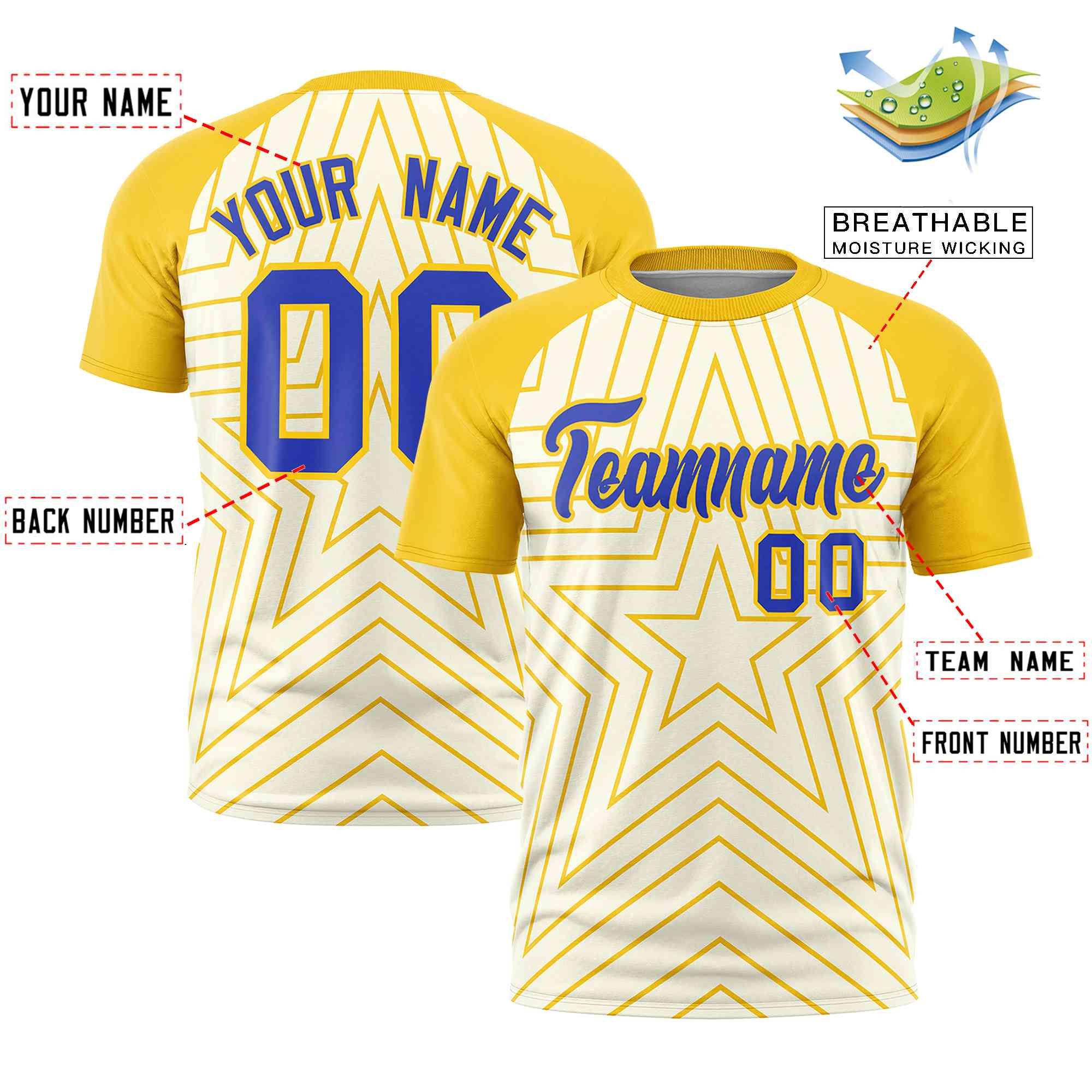 Custom Cream Gold Personalized Star Pattern Raglan Sleeves Performance T-Shirt