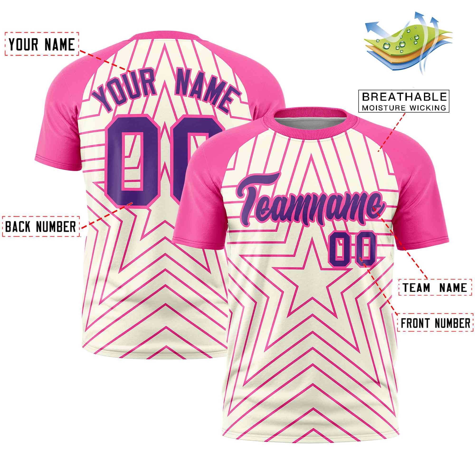 Custom Cream Pink Personalized Star Pattern Raglan Sleeves Performance T-Shirt