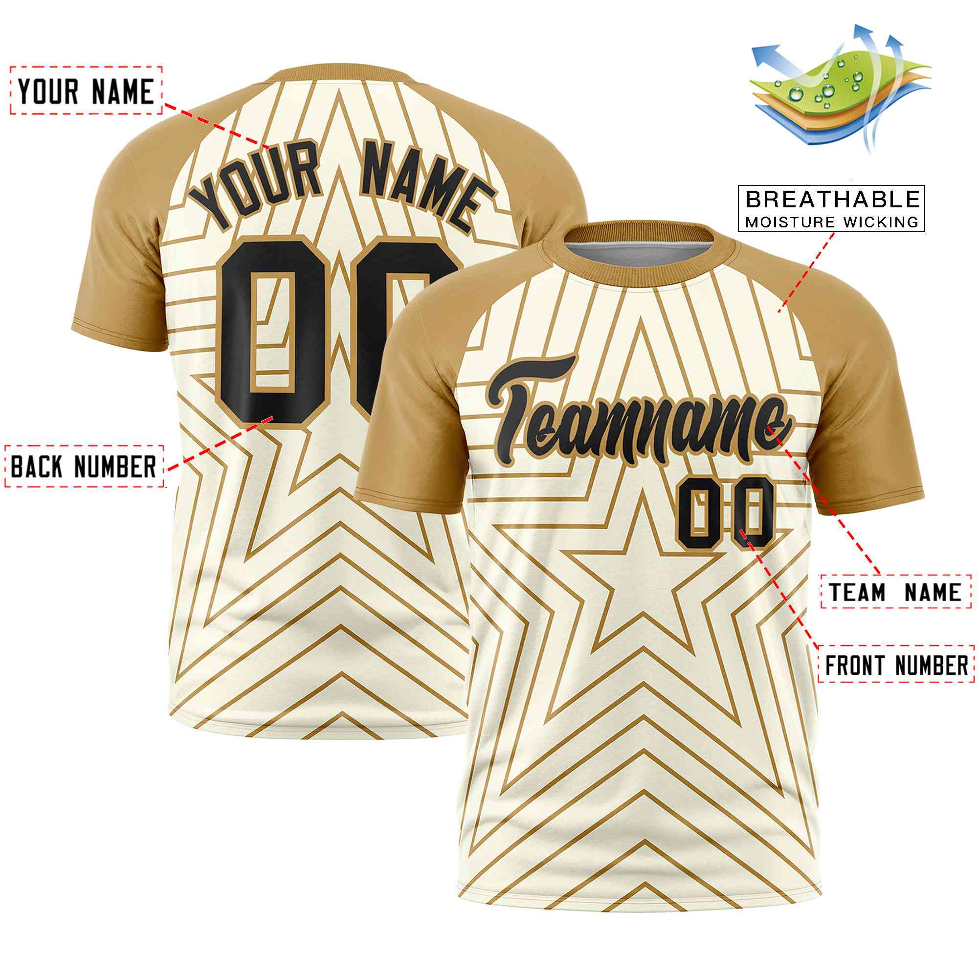 Custom Cream Old Gold Personalized Star Pattern Raglan Sleeves Performance T-Shirt