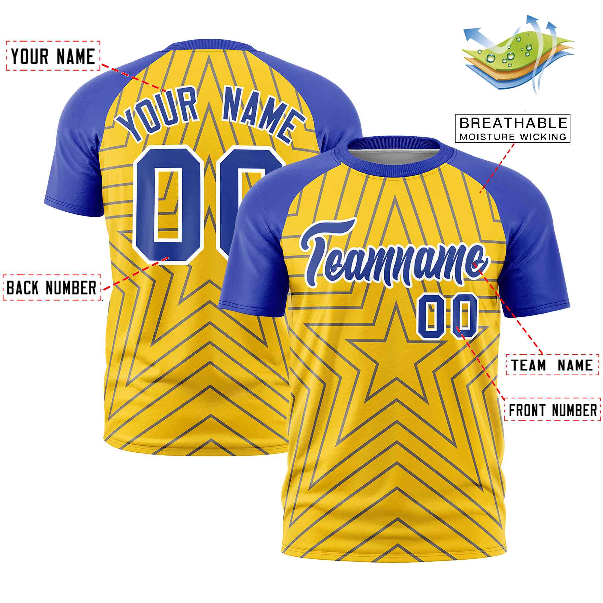 Custom Gold Royal Personalized Star Pattern Raglan Sleeves Performance T-Shirt