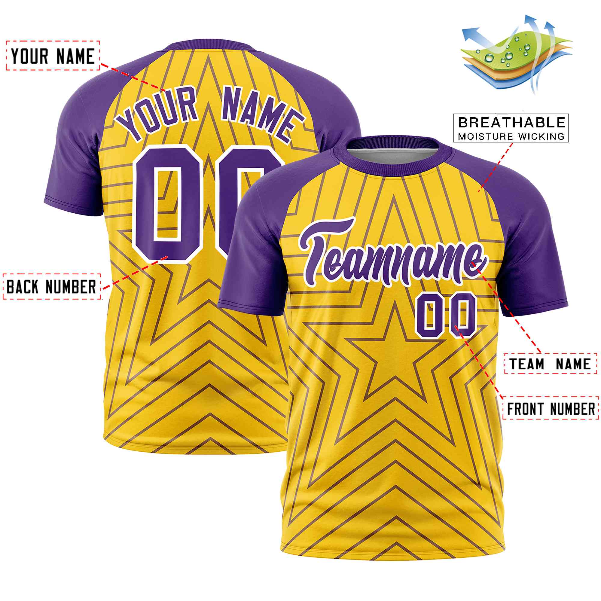 Custom Gold Purple Personalized Star Pattern Raglan Sleeves Performance T-Shirt