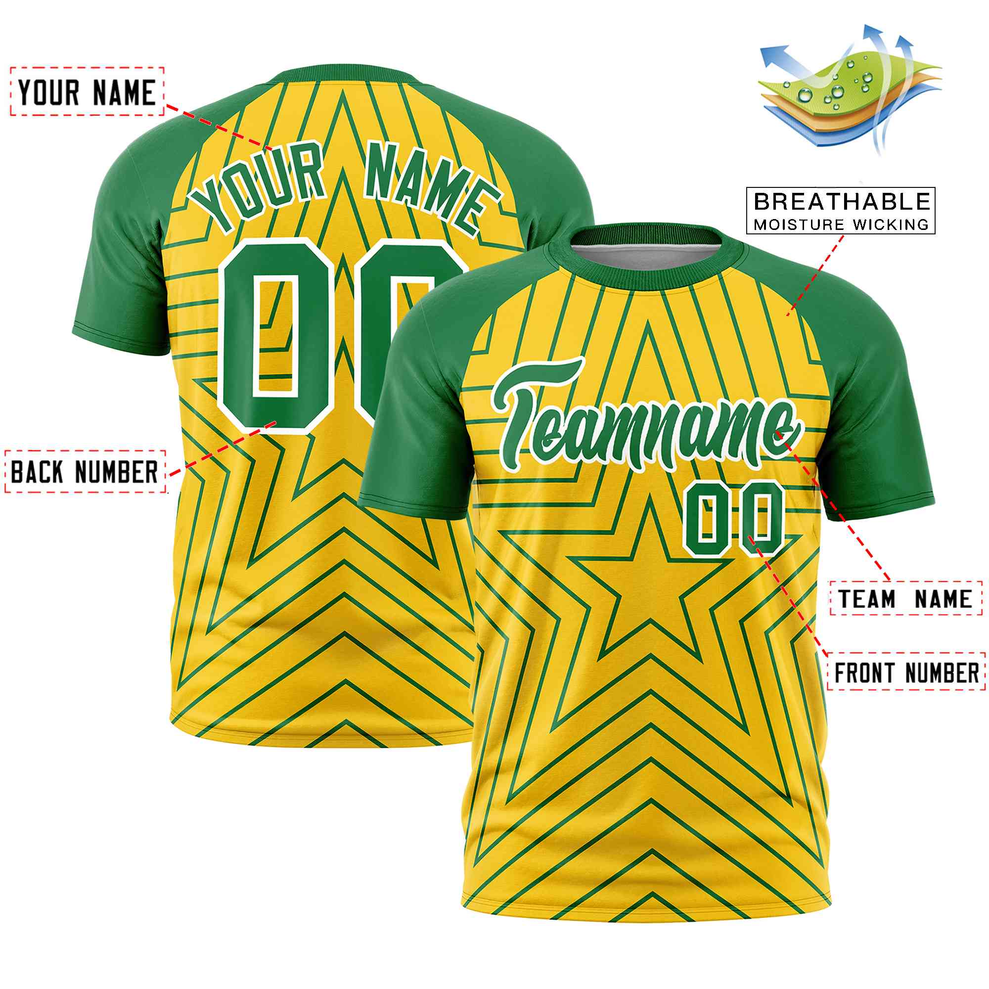 Custom Gold Kelly Green Personalized Star Pattern Raglan Sleeves Performance T-Shirt