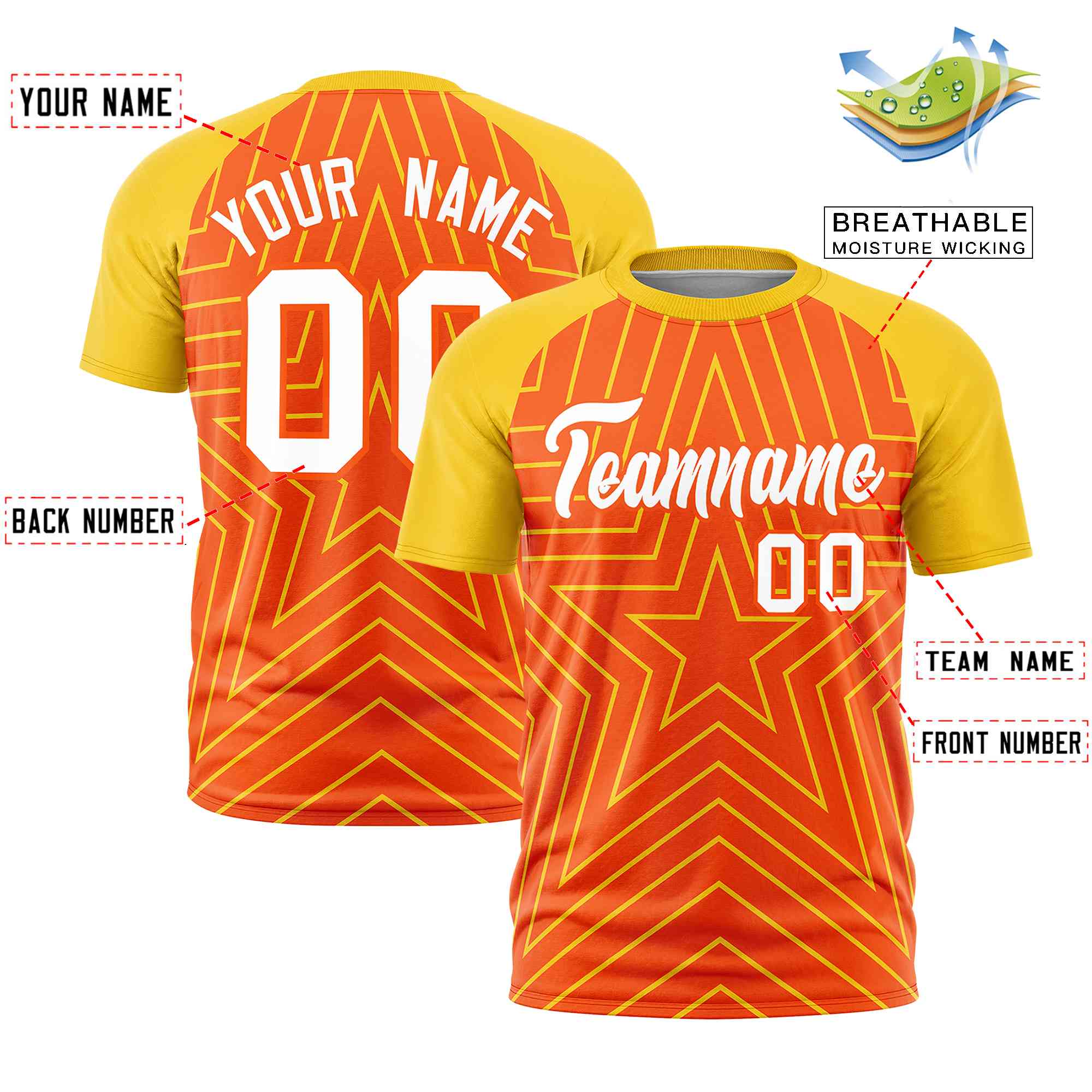 Custom Orange Gold Personalized Star Pattern Raglan Sleeves Performance T-Shirt