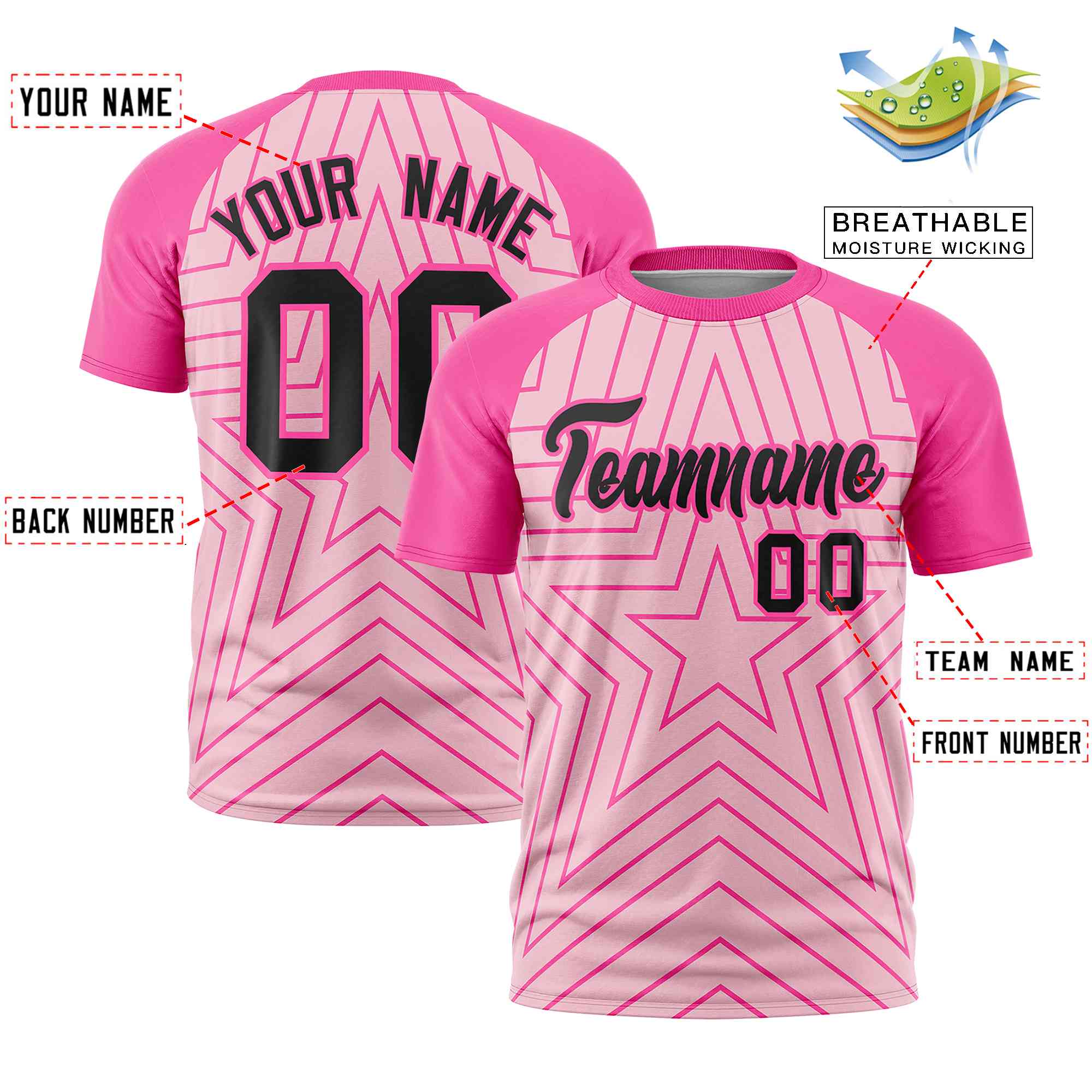 Custom Light Pink Pink Personalized Star Pattern Raglan Sleeves Performance T-Shirt