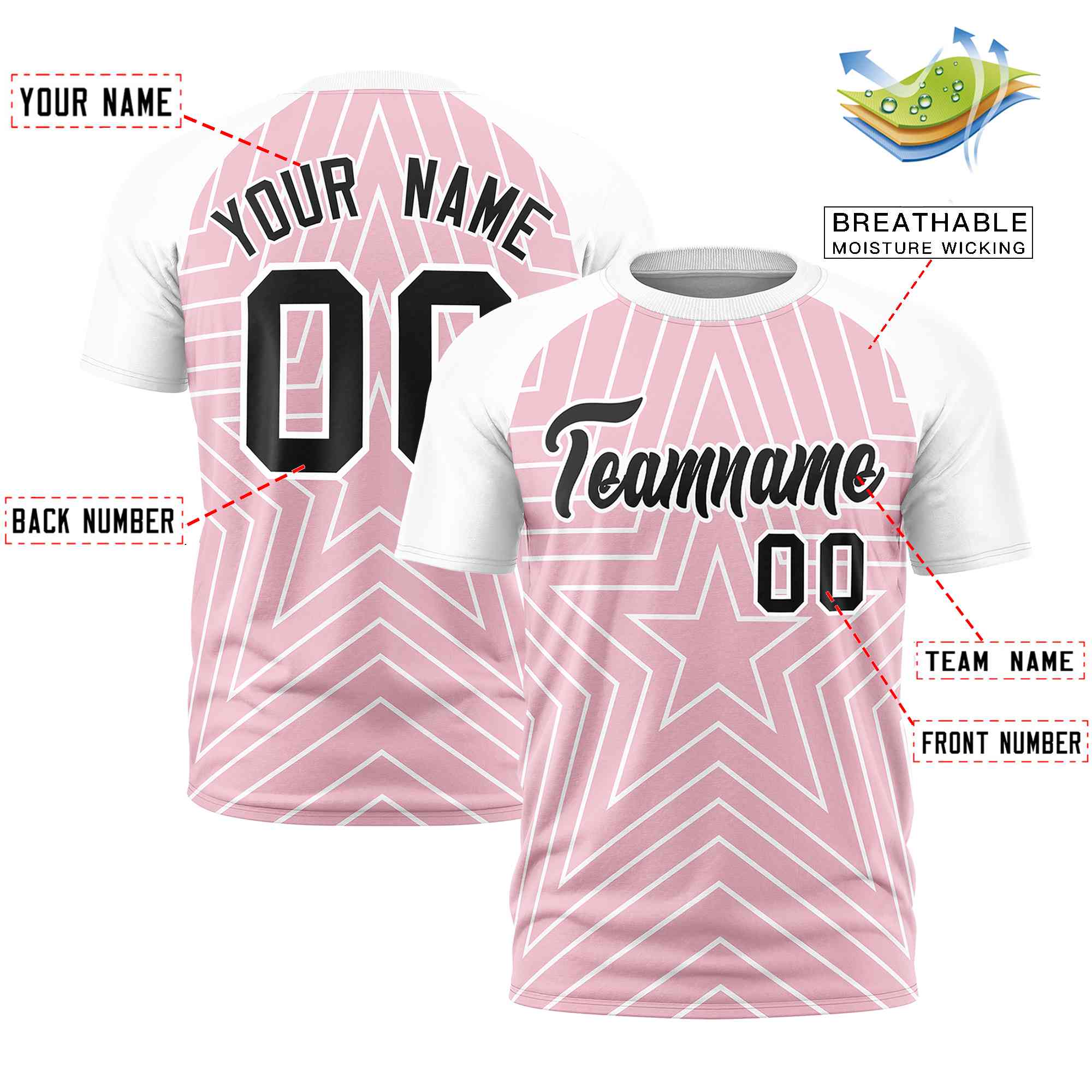 Custom Light Pink White Personalized Star Pattern Raglan Sleeves Performance T-Shirt