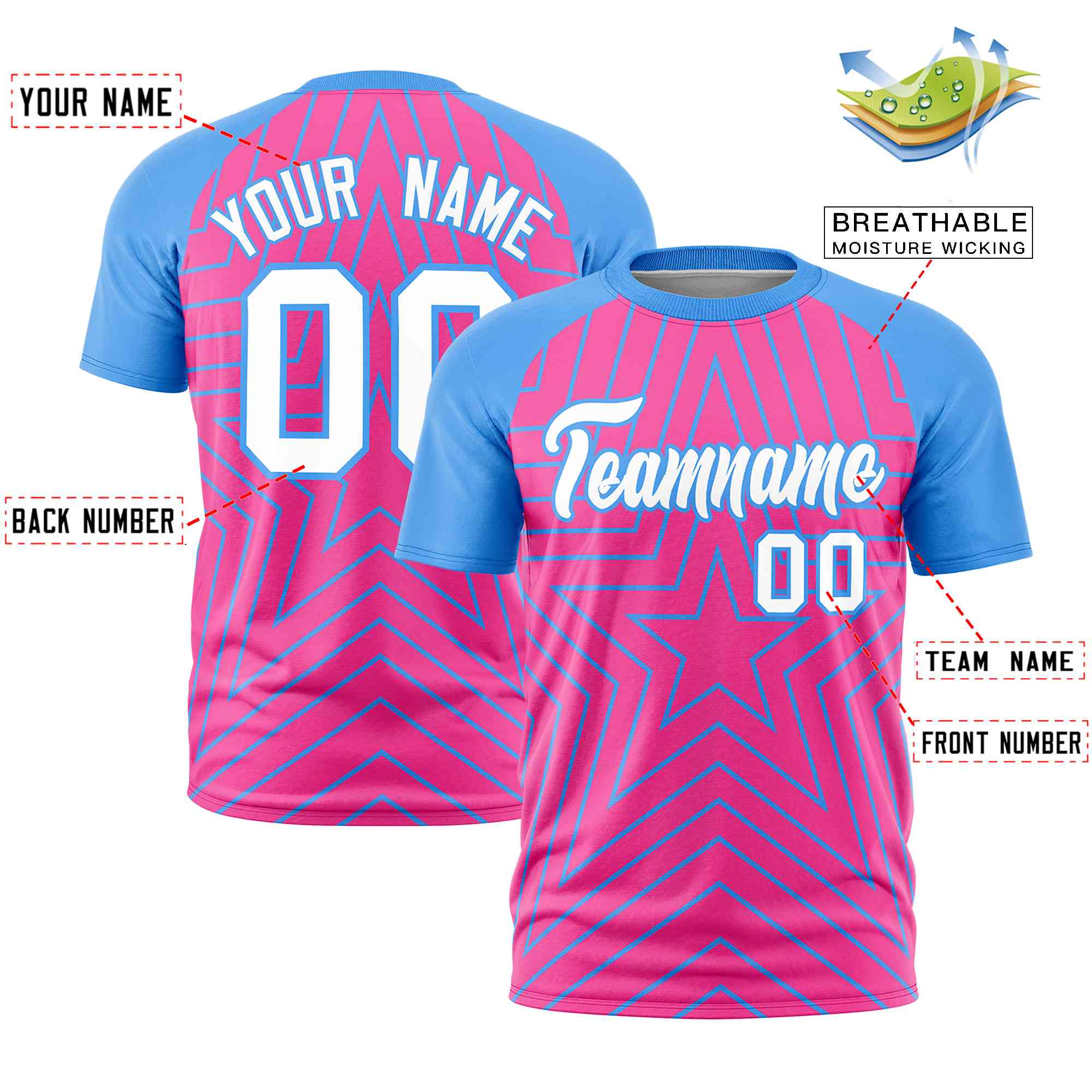 Custom Pink Powder Blue Personalized Star Pattern Raglan Sleeves Performance T-Shirt