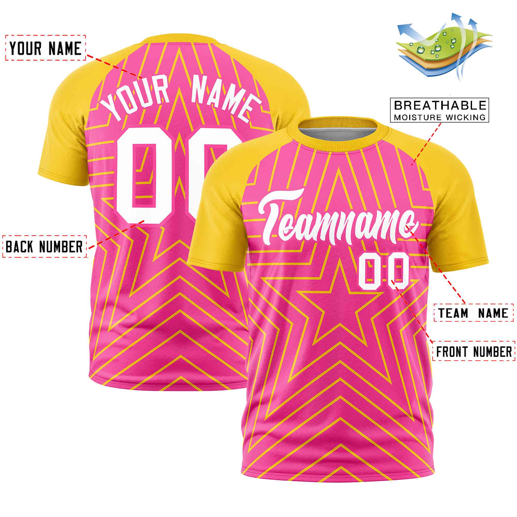 Custom Pink Gold Personalized Star Pattern Raglan Sleeves Performance T-Shirt