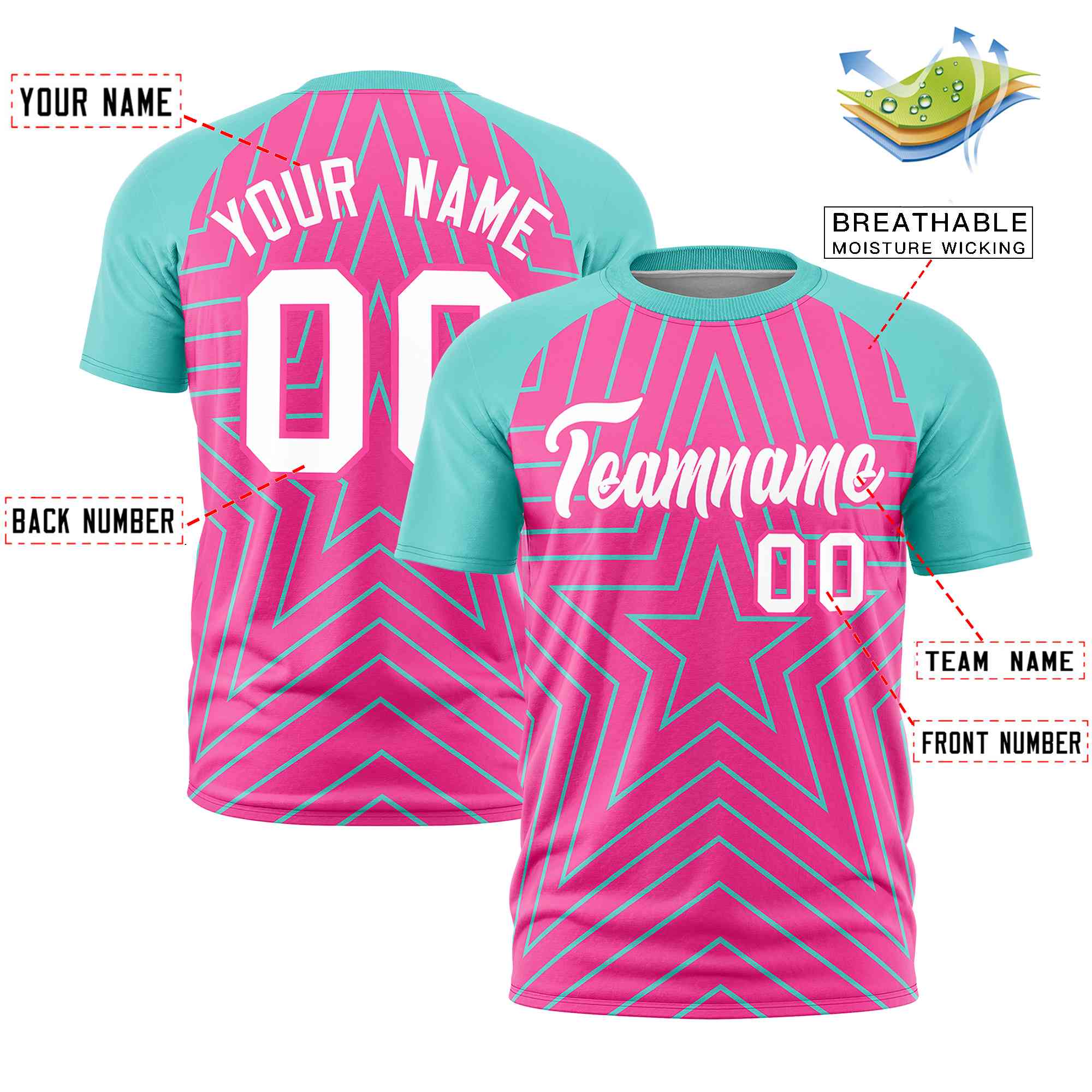 Custom Pink Aqua Personalized Star Pattern Raglan Sleeves Performance T-Shirt