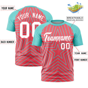 Custom Light Red Aqua Personalized Star Pattern Raglan Sleeves Performance T-Shirt