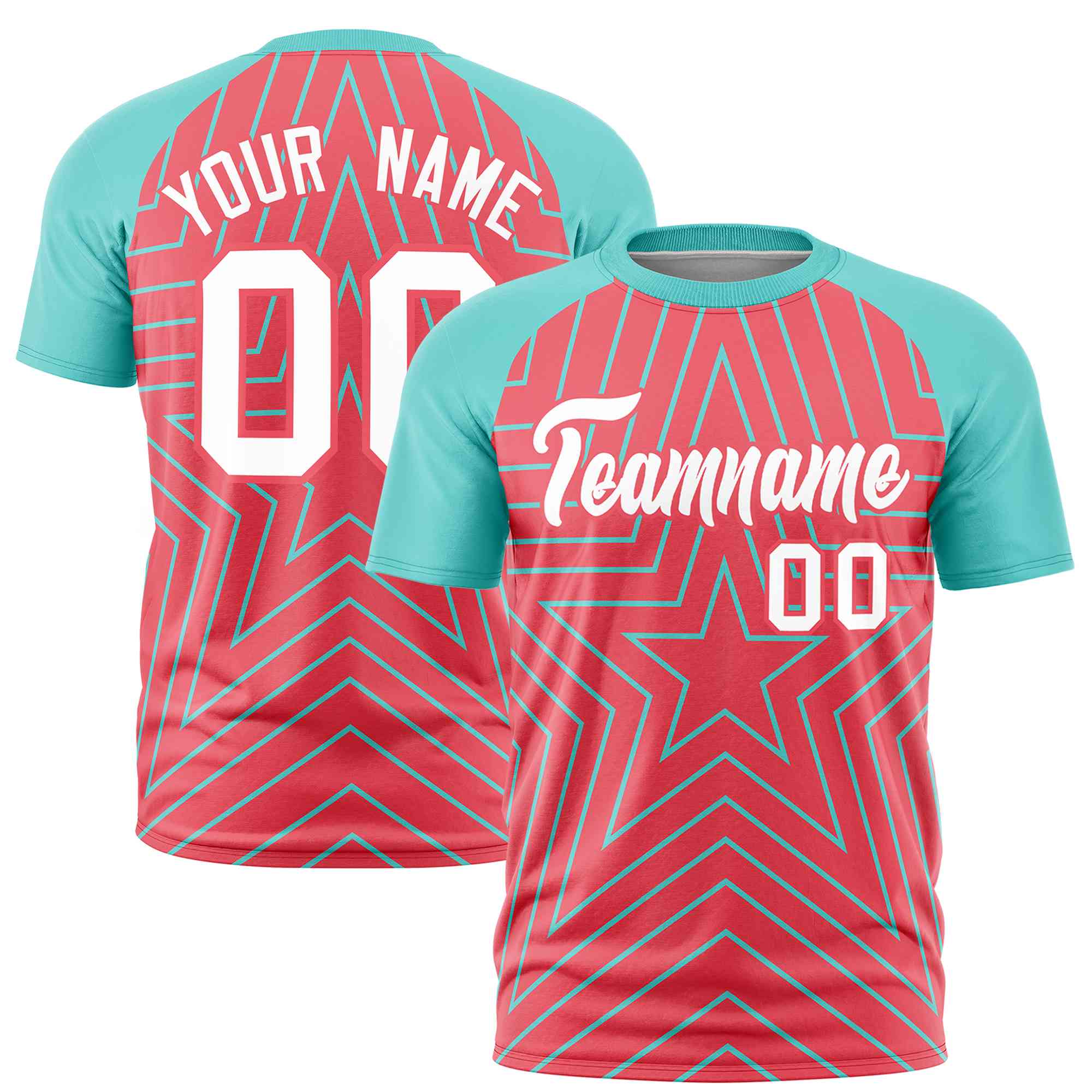 Custom Light Red Aqua Personalized Star Pattern Raglan Sleeves Performance T-Shirt