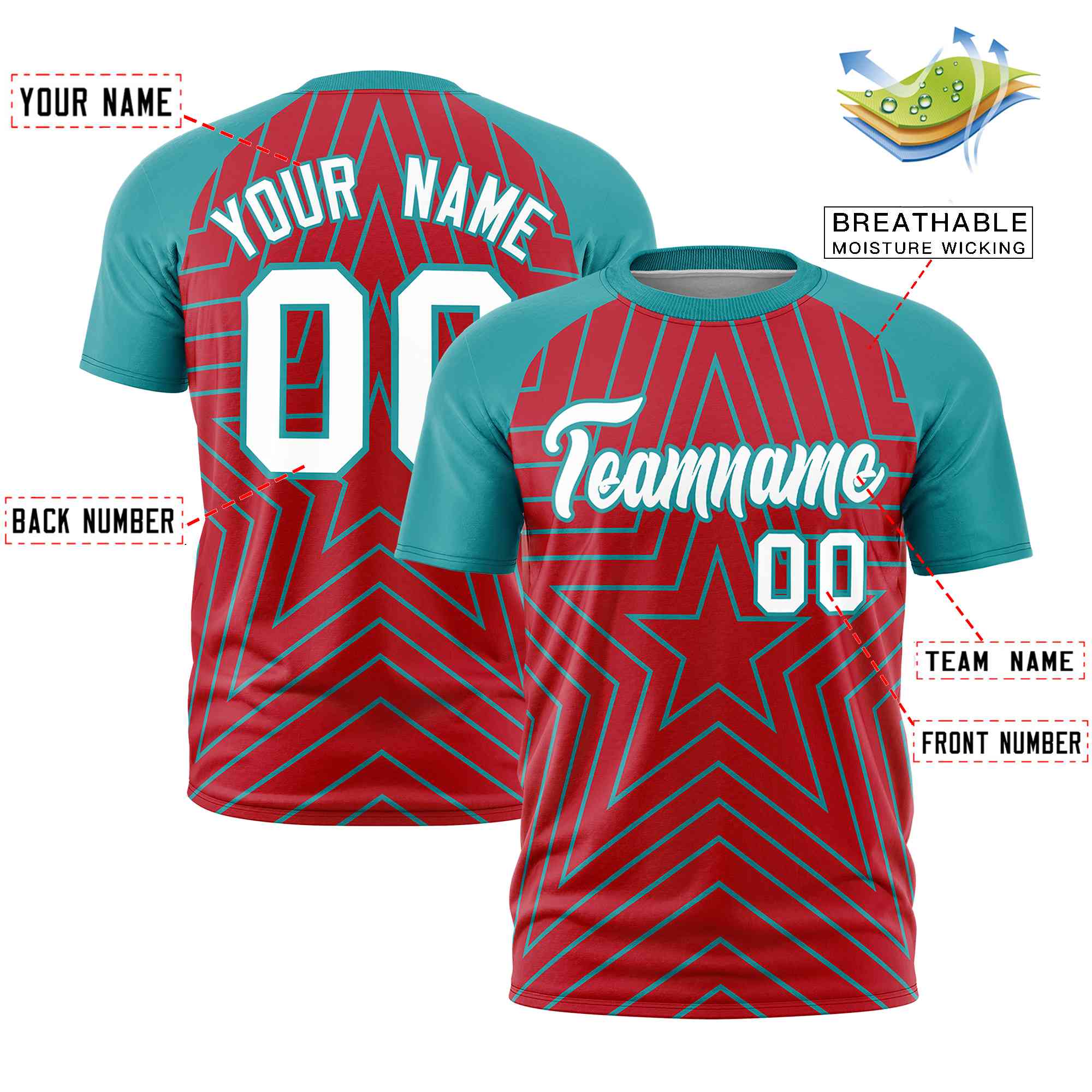 Custom Red Aqua Personalized Star Pattern Raglan Sleeves Performance T-Shirt