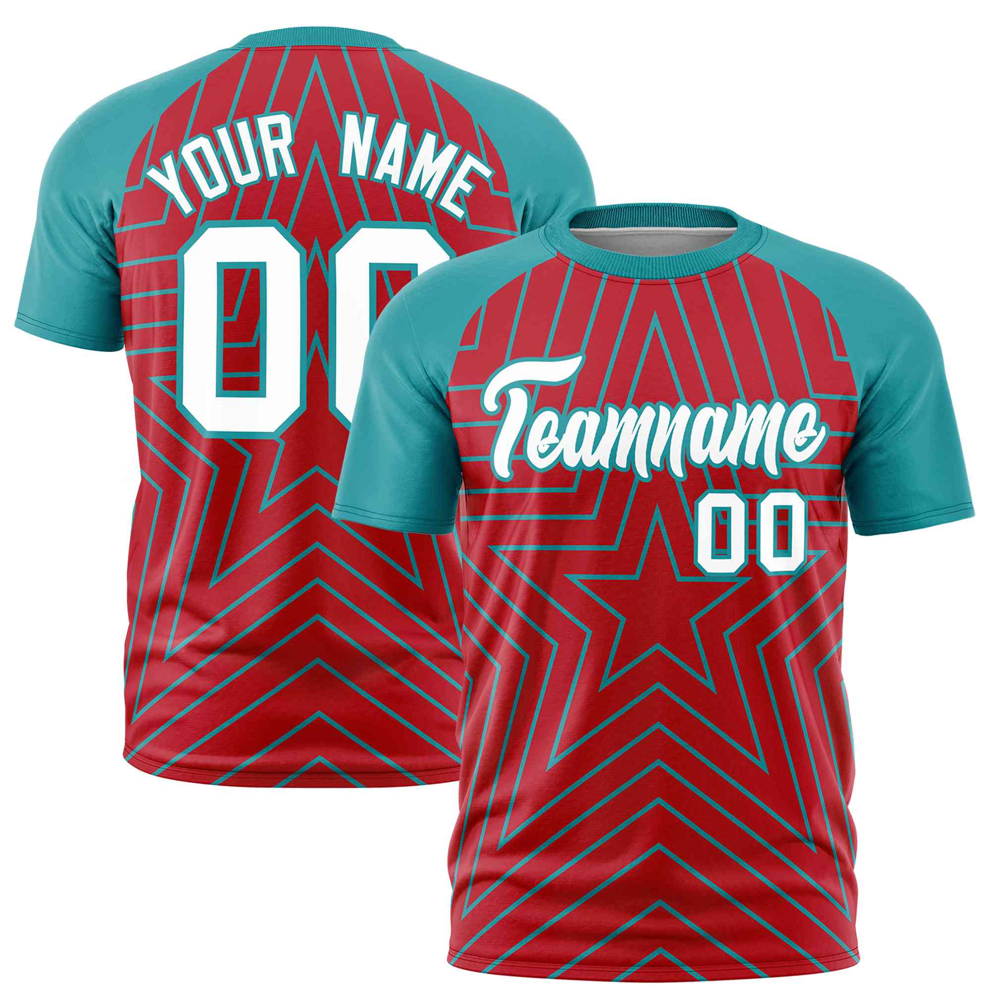 Custom Red Aqua Personalized Star Pattern Raglan Sleeves Performance T-Shirt