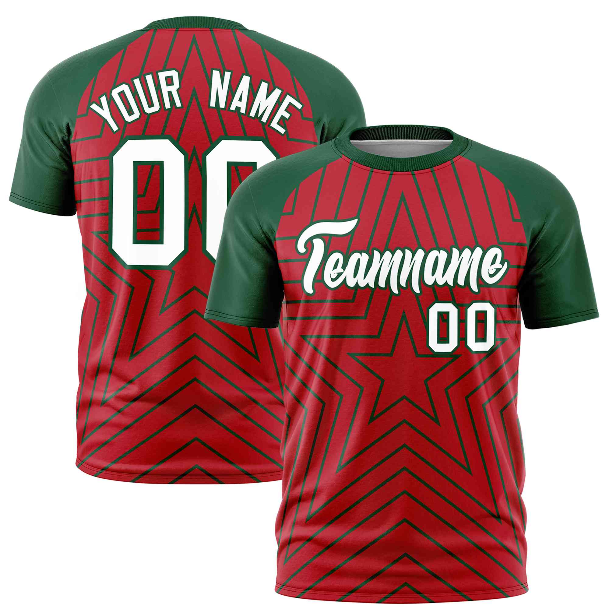 Custom Red Green Personalized Star Pattern Raglan Sleeves Performance T-Shirt