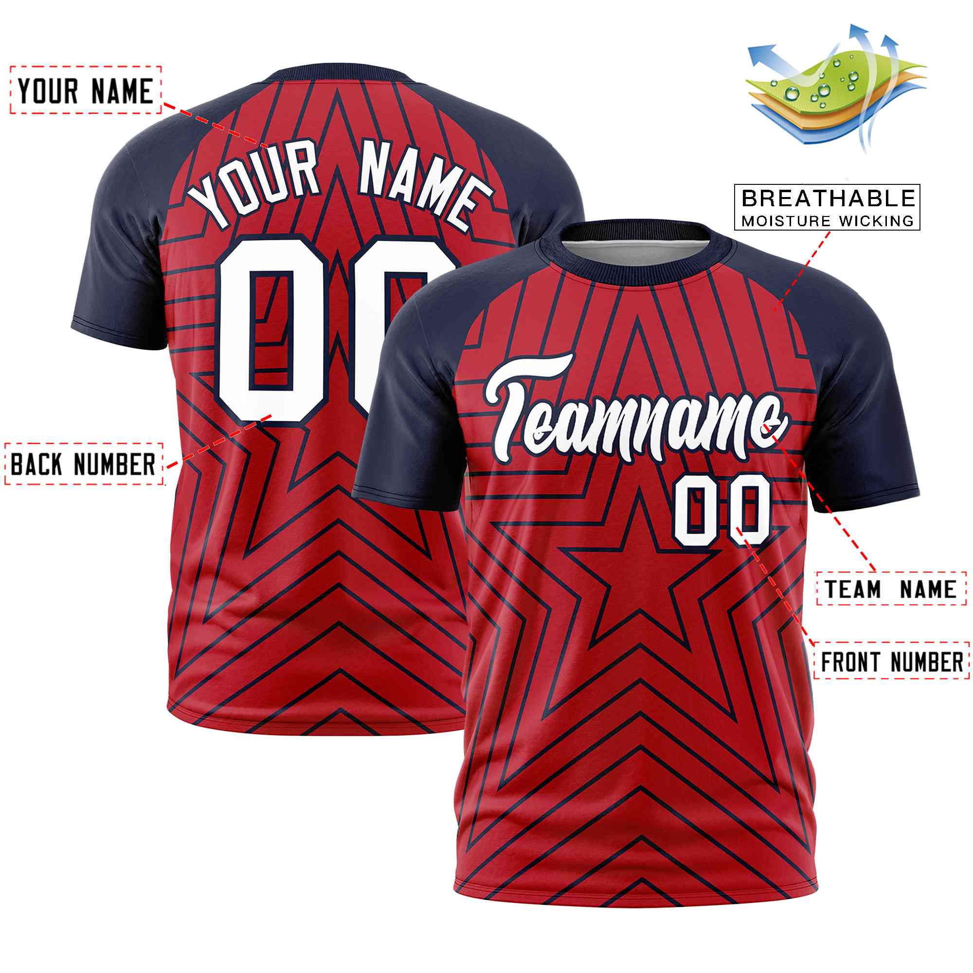 Custom Red Navy Personalized Star Pattern Raglan Sleeves Performance T-Shirt