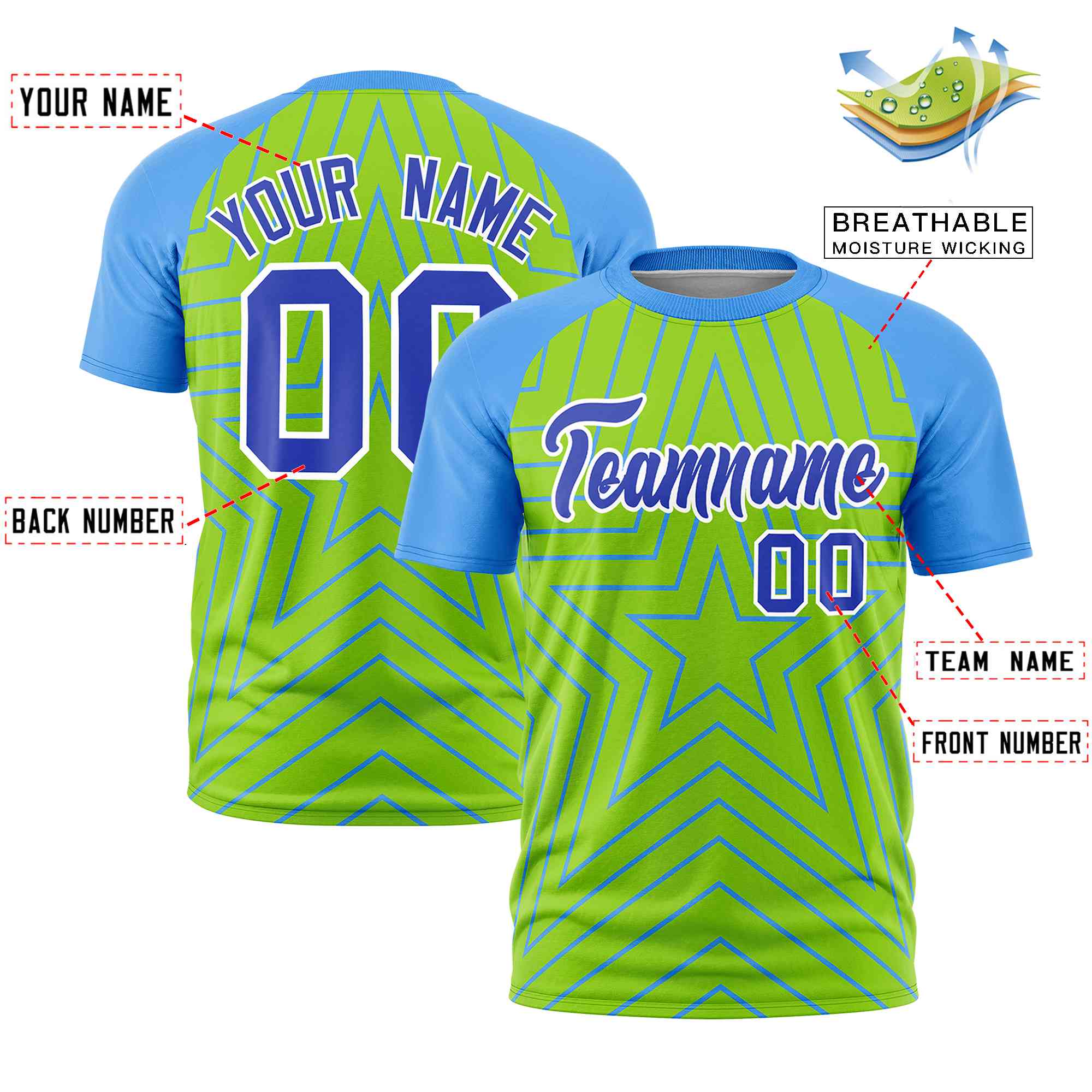 Custom Neon Green Powder Blue Personalized Star Pattern Raglan Sleeves Performance T-Shirt