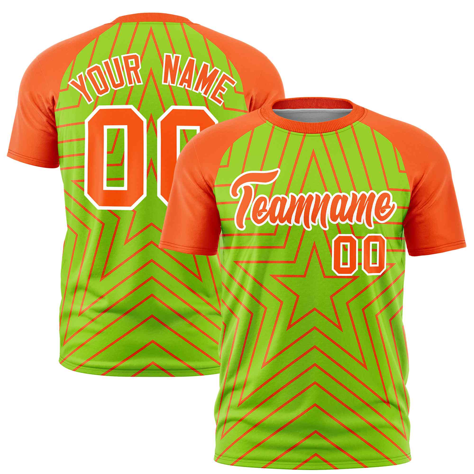 Custom Neon Green Orange Personalized Star Pattern Raglan Sleeves Performance T-Shirt