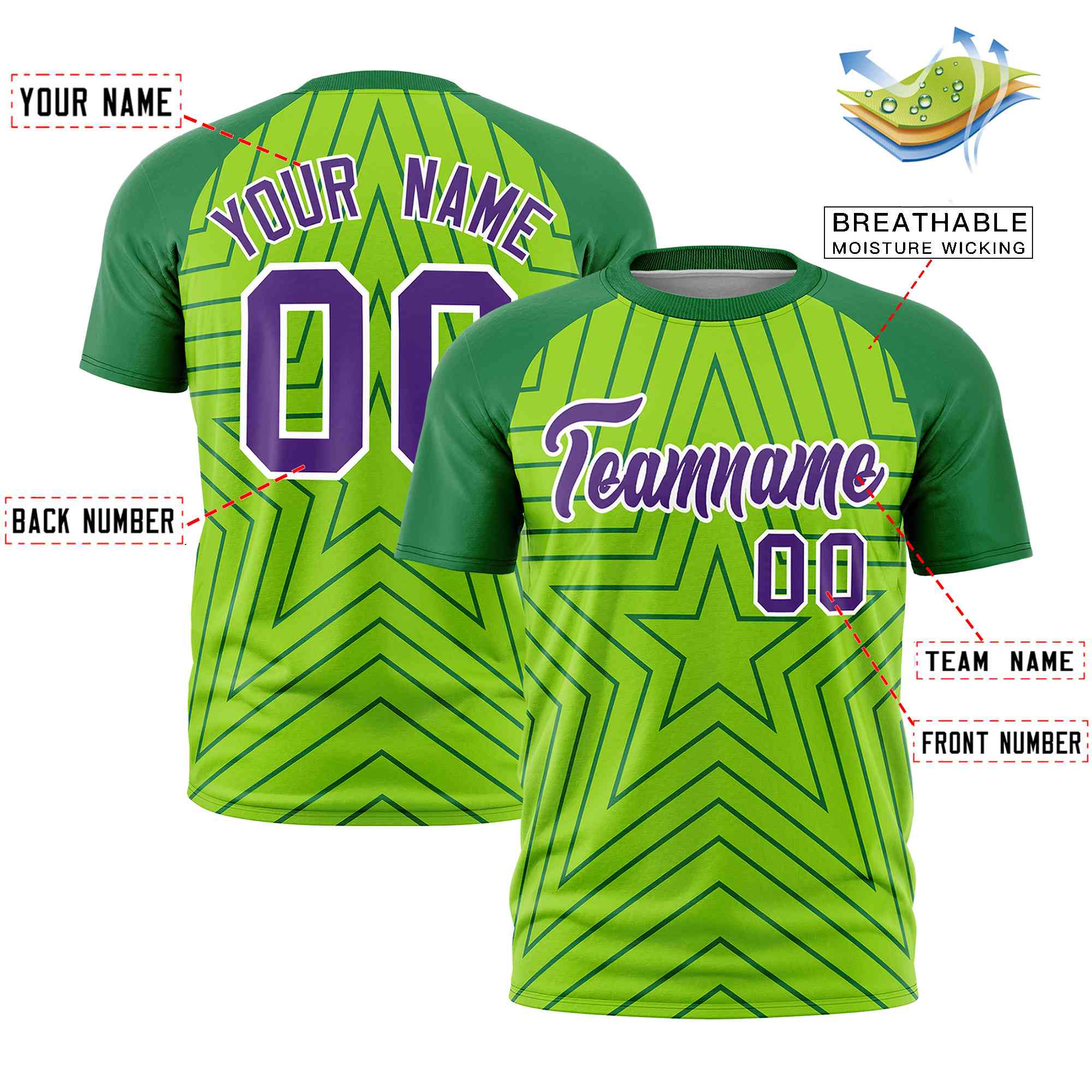 Custom Neon Green Kelly Green Personalized Star Pattern Raglan Sleeves Performance T-Shirt