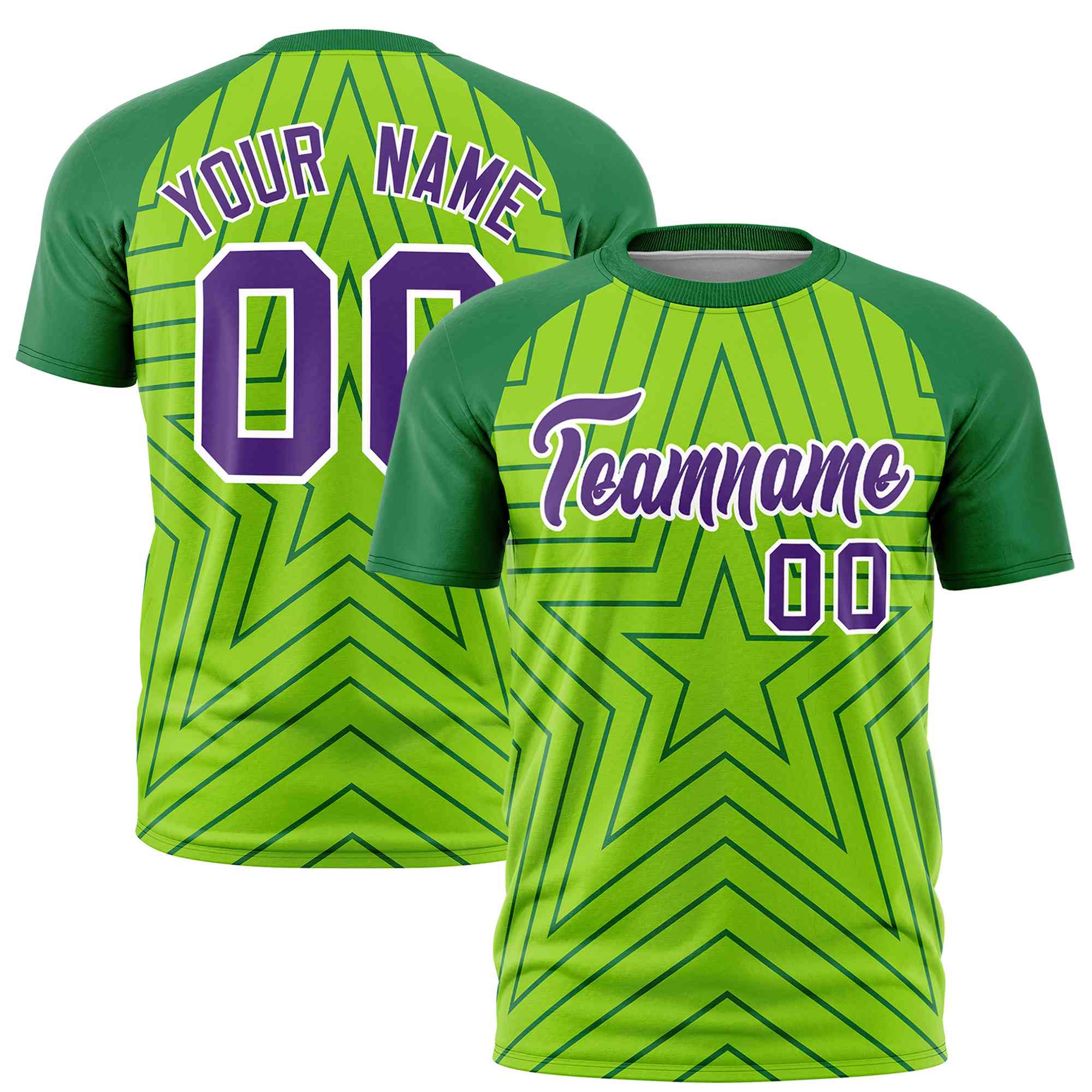 Custom Neon Green Kelly Green Personalized Star Pattern Raglan Sleeves Performance T-Shirt