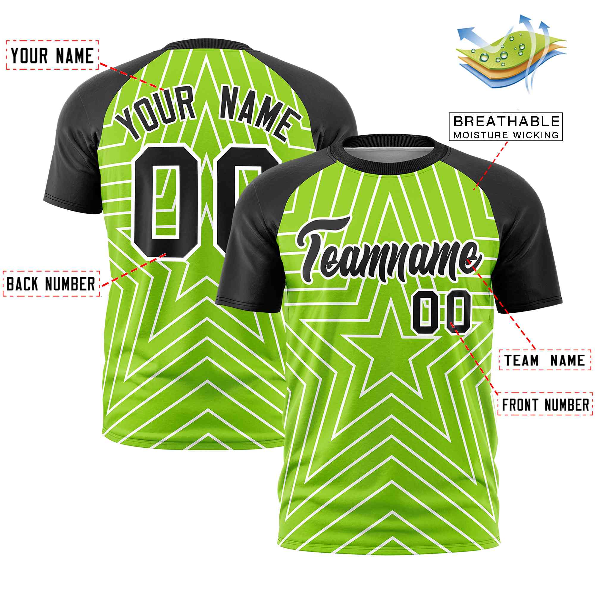 Custom Neon Green Black Personalized Star Pattern Raglan Sleeves Performance T-Shirt