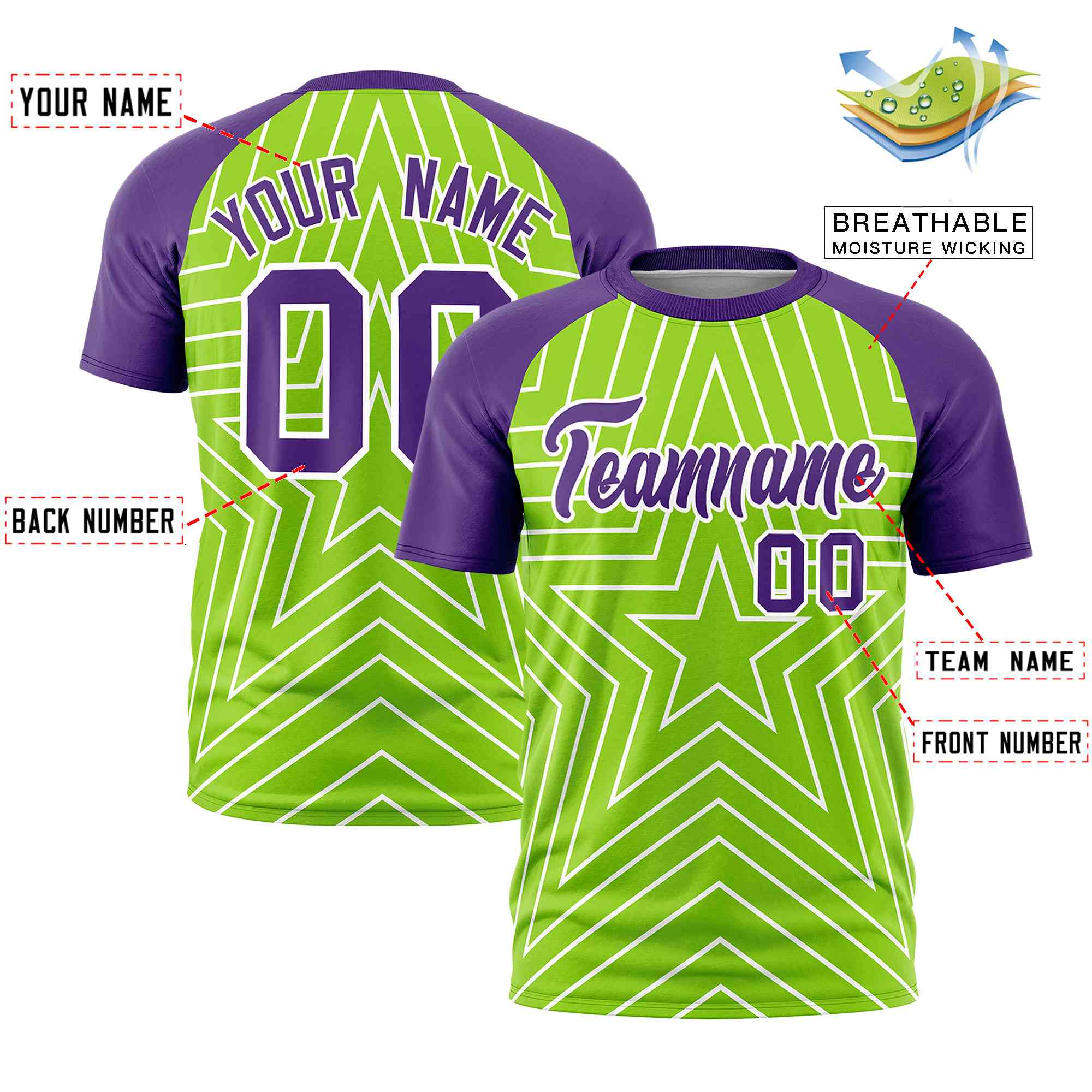 Custom Neon Green Purple Personalized Star Pattern Raglan Sleeves Performance T-Shirt