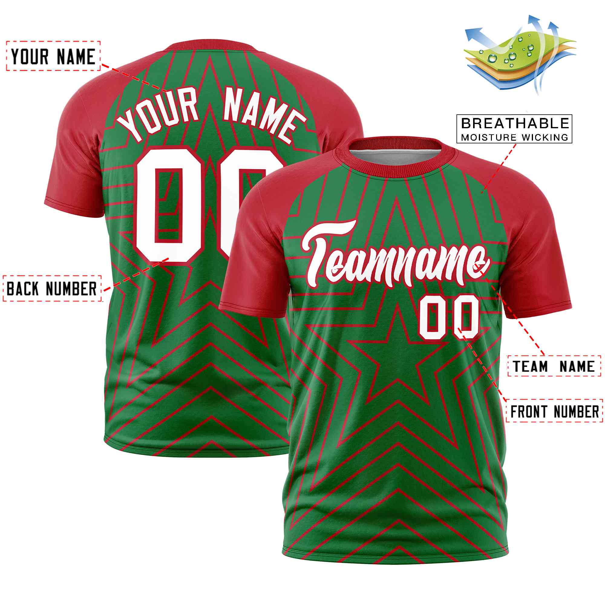 Custom Kelly Green Red Personalized Star Pattern Raglan Sleeves Performance T-Shirt