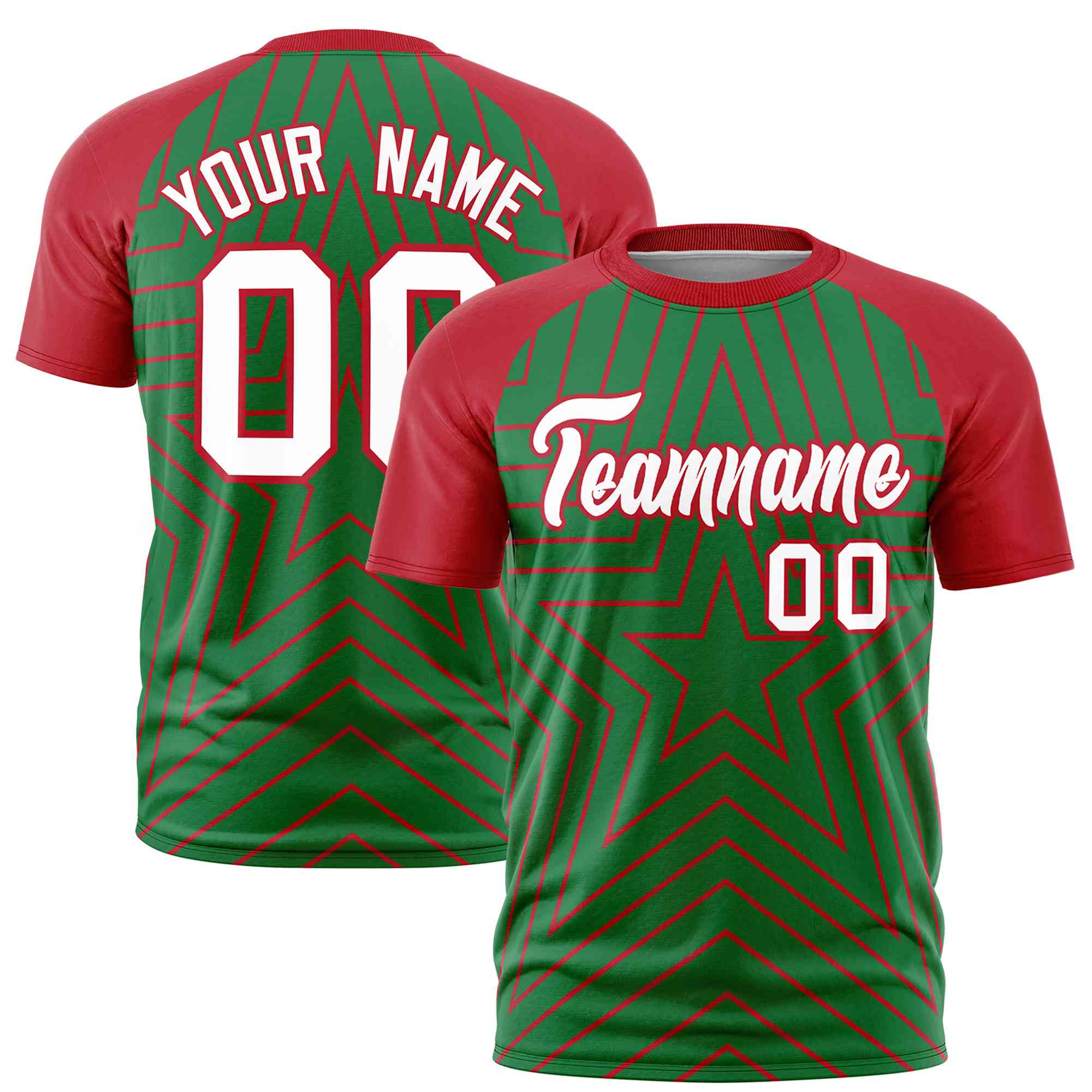 Custom Kelly Green Red Personalized Star Pattern Raglan Sleeves Performance T-Shirt