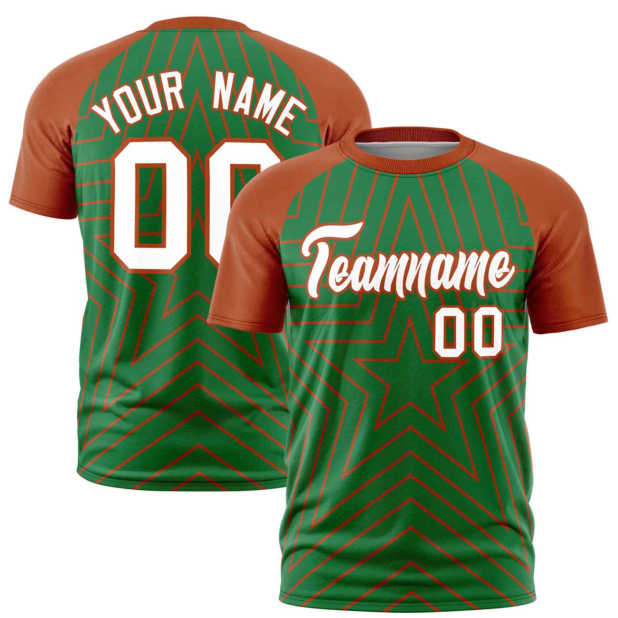 Custom Kelly Green Texas Orange Personalized Star Pattern Raglan Sleeves Performance T-Shirt