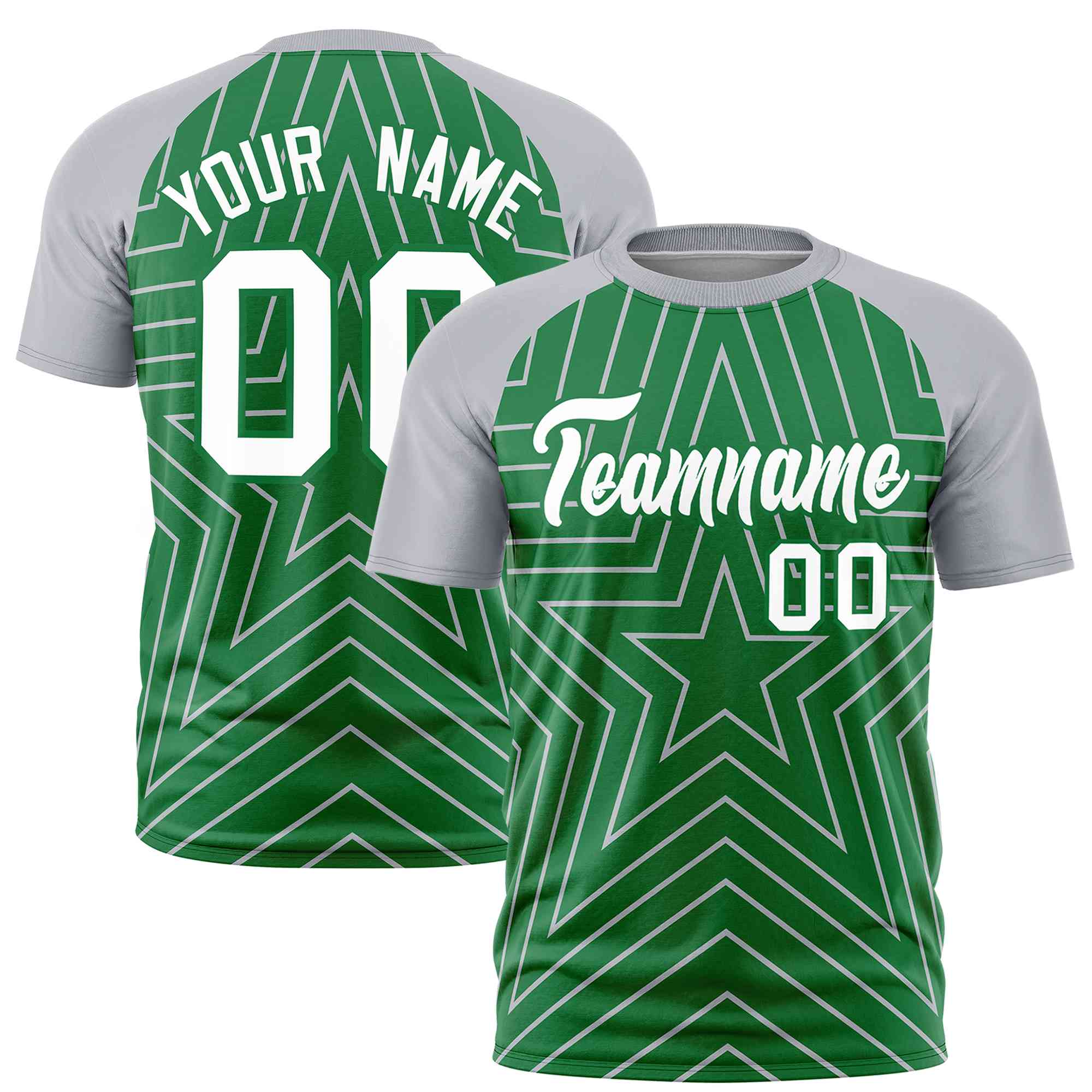 Custom Kelly Green Gray Personalized Star Pattern Raglan Sleeves Performance T-Shirt