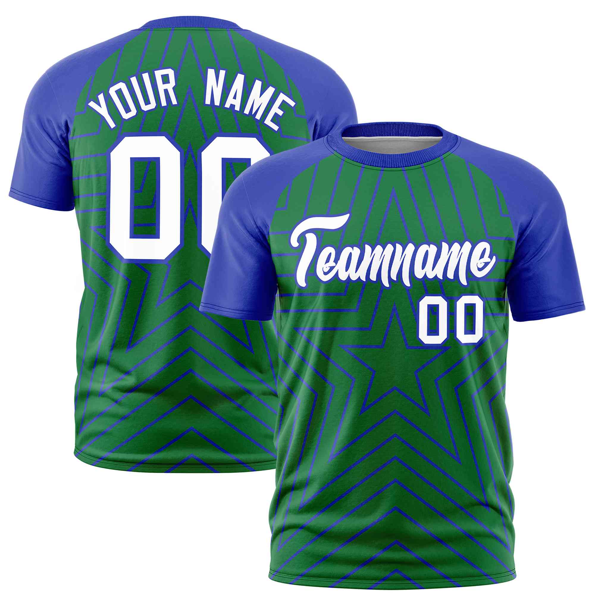 Custom Kelly Green Royal Personalized Star Pattern Raglan Sleeves Performance T-Shirt