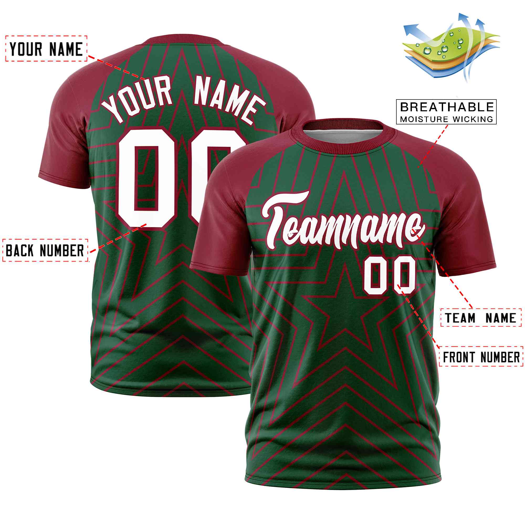 Custom Green Crimson Personalized Star Pattern Raglan Sleeves Performance T-Shirt