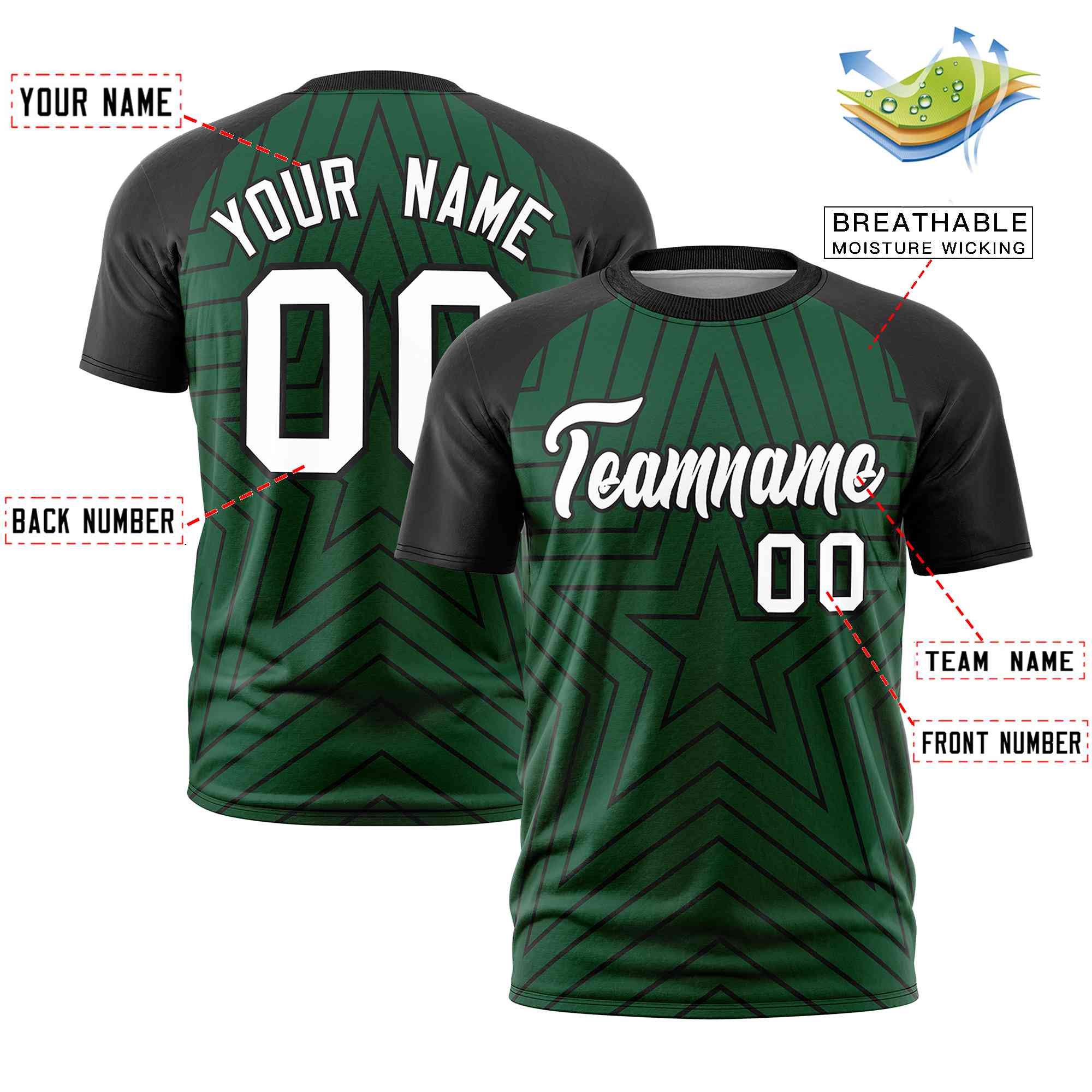 Custom Green Black Personalized Star Pattern Raglan Sleeves Performance T-Shirt