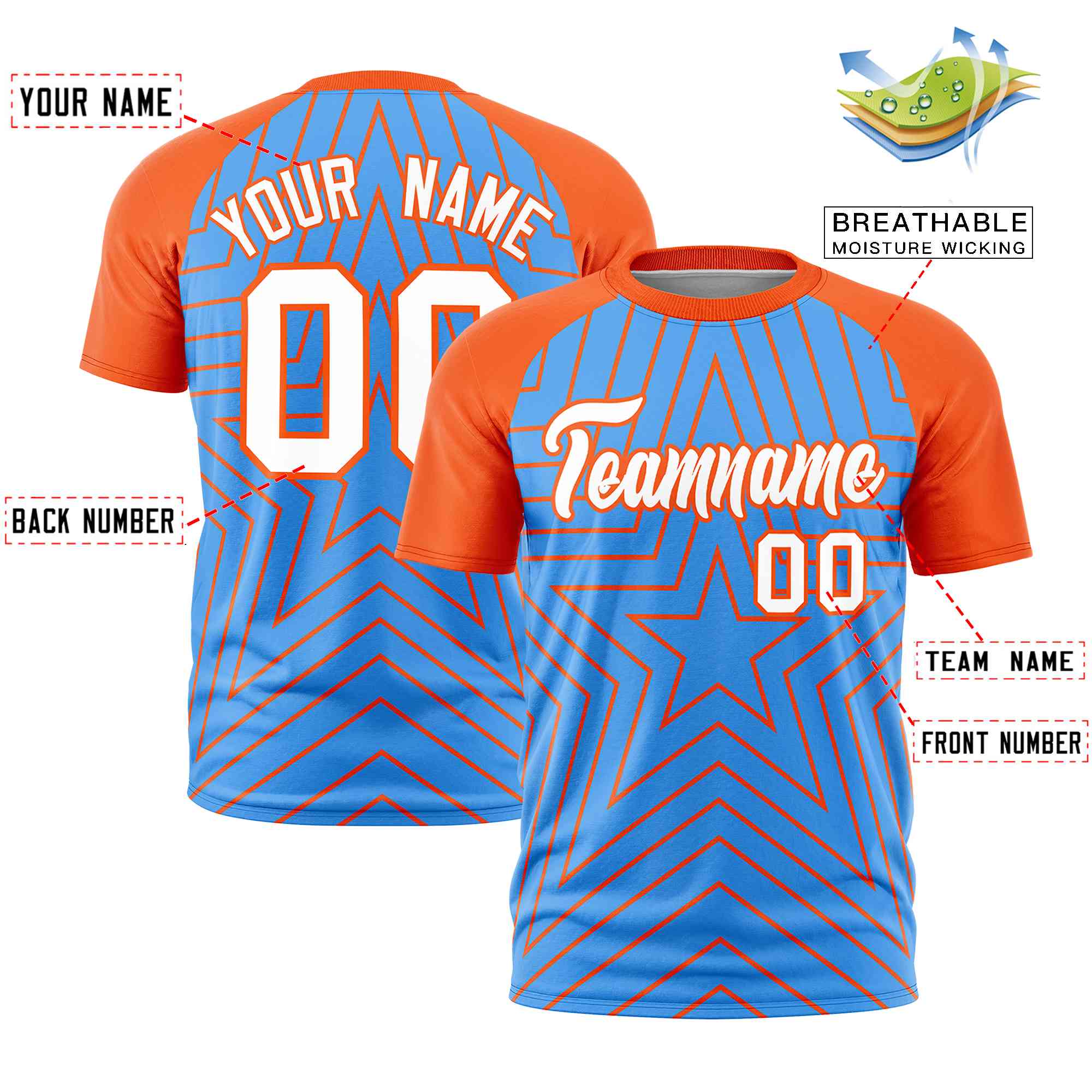 Custom Powder Blue Orange Personalized Star Pattern Raglan Sleeves Performance T-Shirt