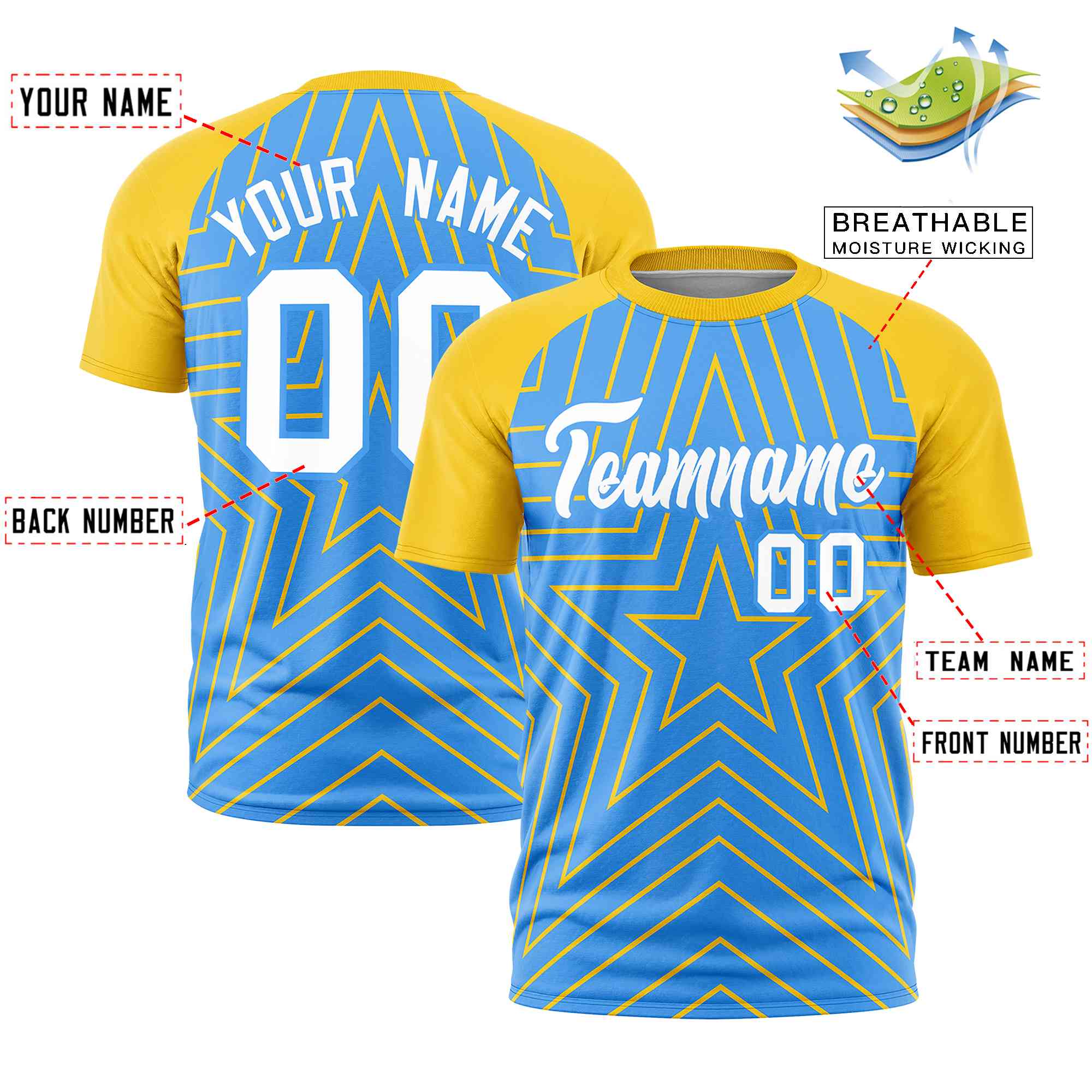 Custom Powder Blue Gold Personalized Star Pattern Raglan Sleeves Performance T-Shirt