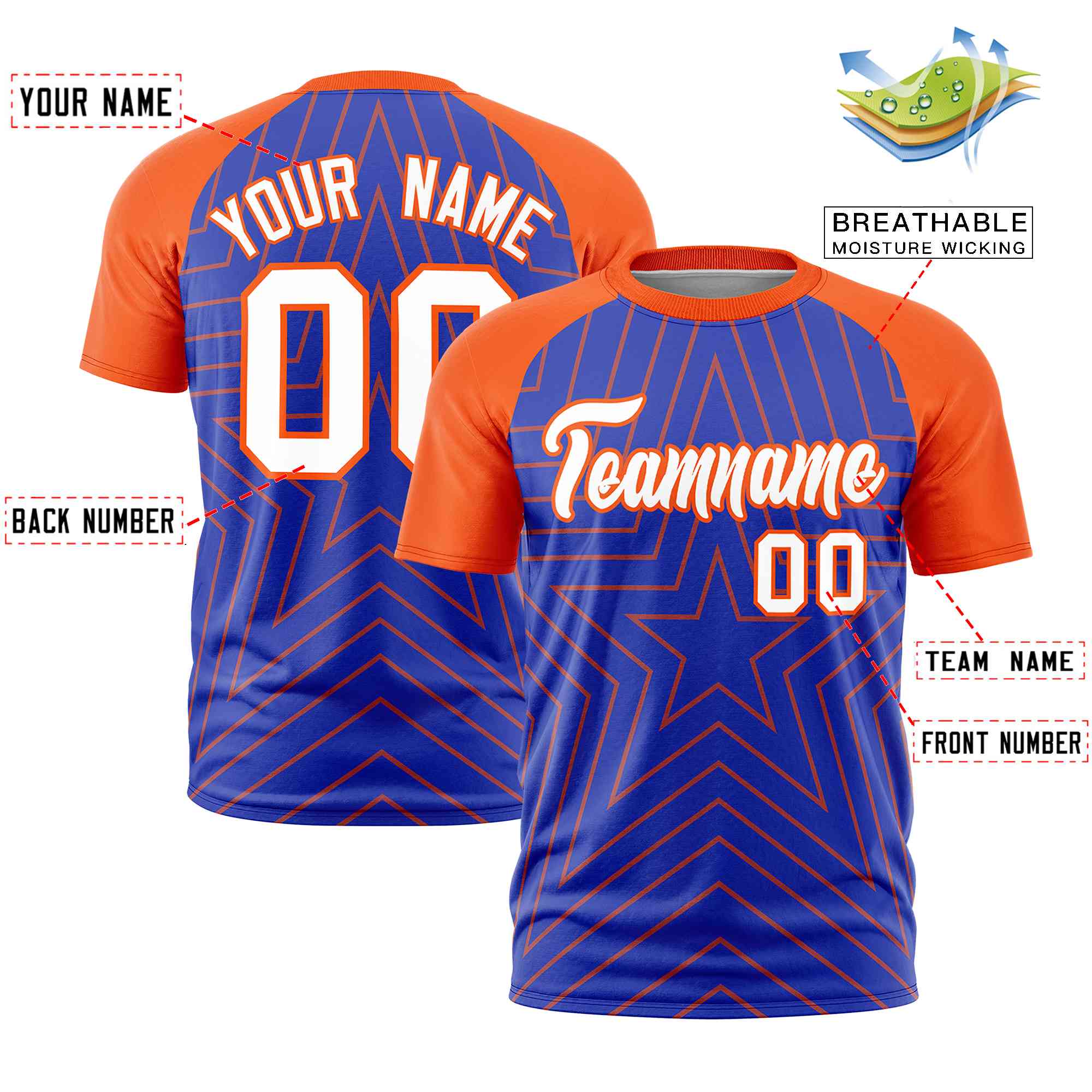 Custom Royal Orange Personalized Star Pattern Raglan Sleeves Performance T-Shirt