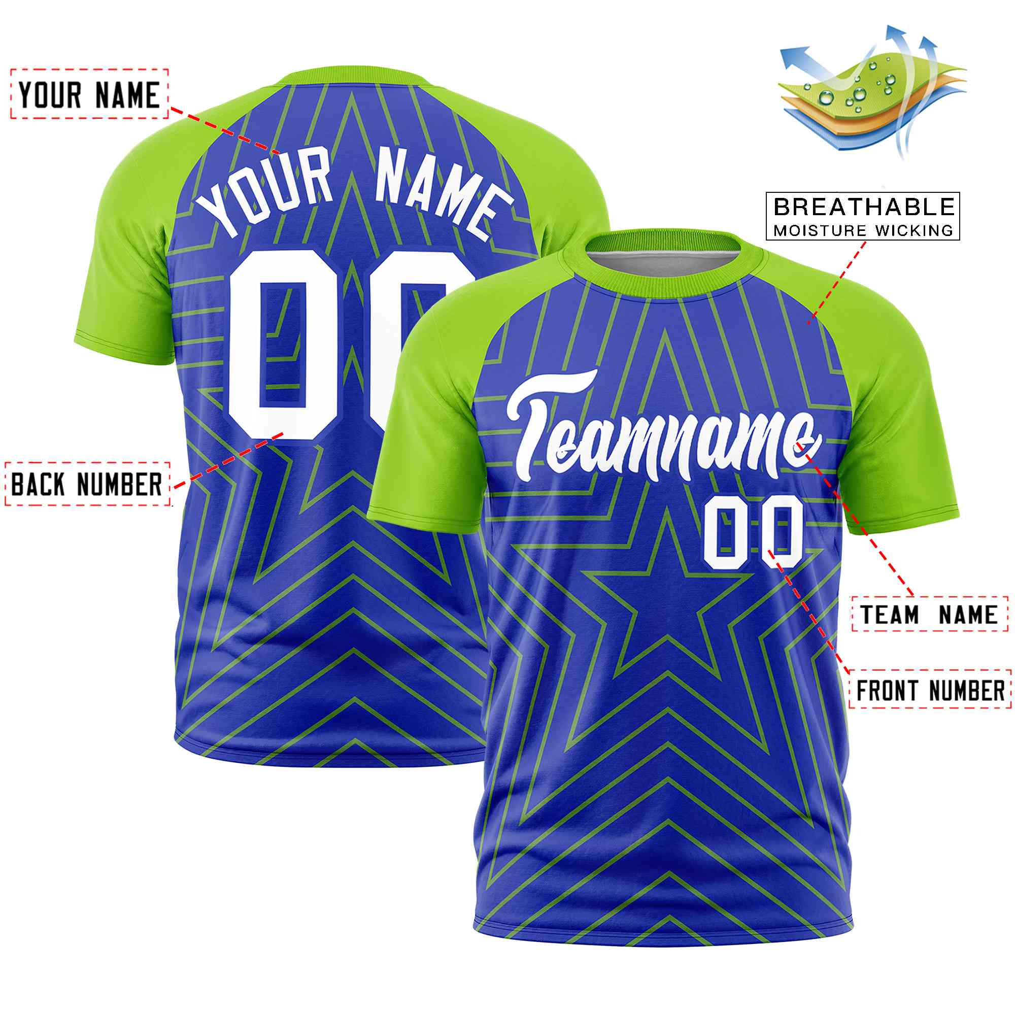 Custom Royal Neon Green Personalized Star Pattern Raglan Sleeves Performance T-Shirt