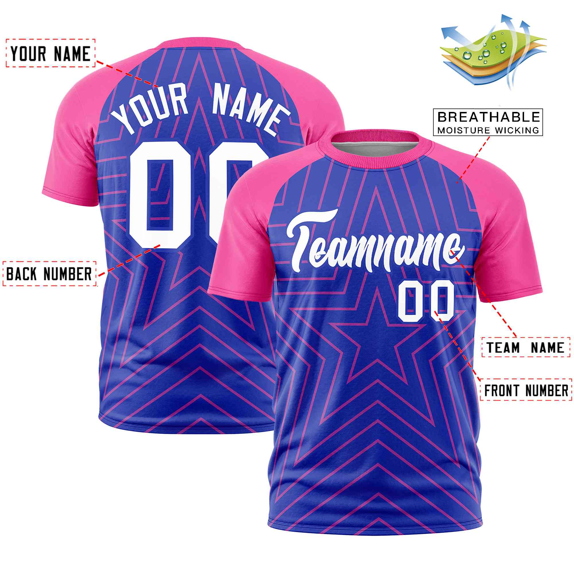 Custom Royal Pink Personalized Star Pattern Raglan Sleeves Performance T-Shirt