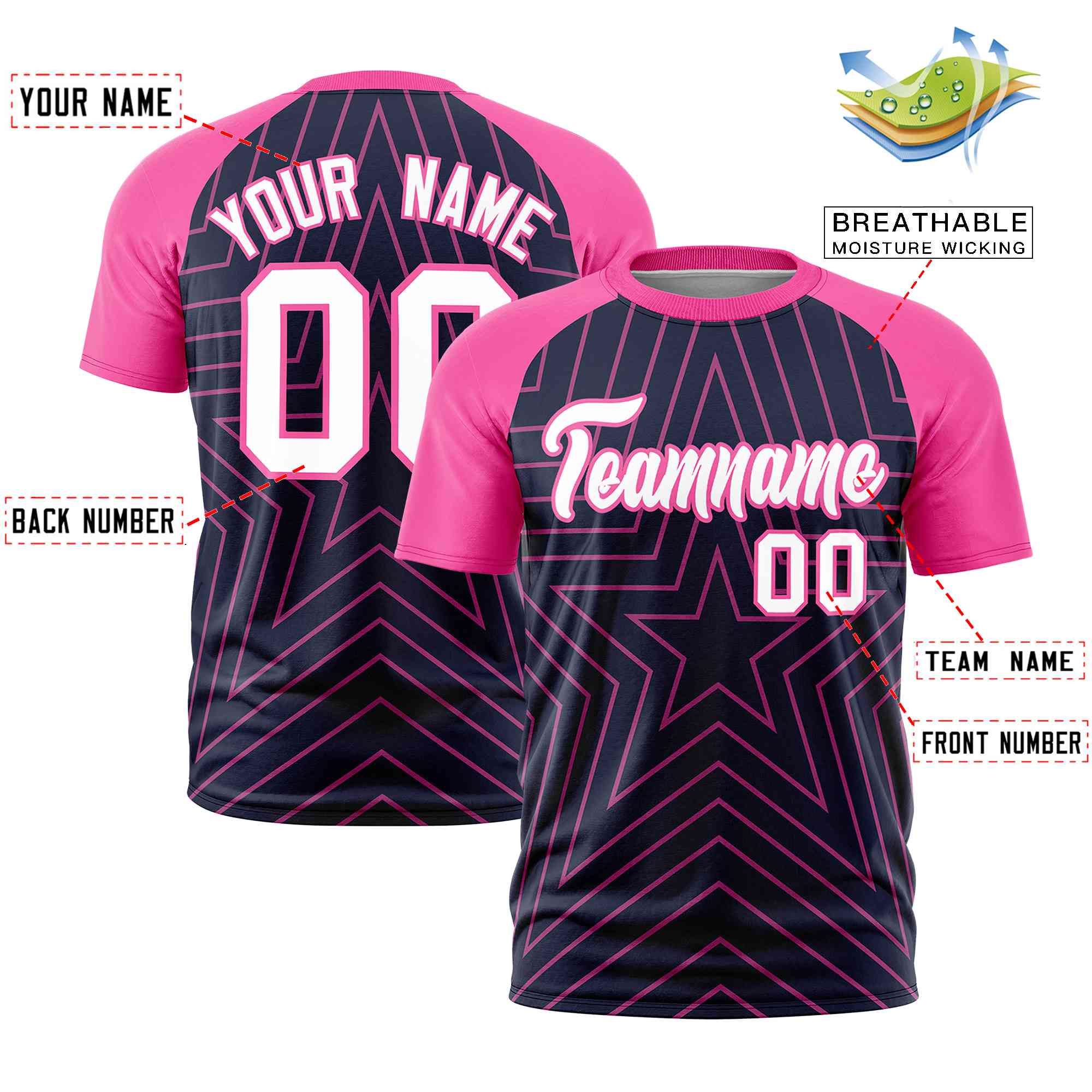 Custom Navy Pink Personalized Star Pattern Raglan Sleeves Performance T-Shirt