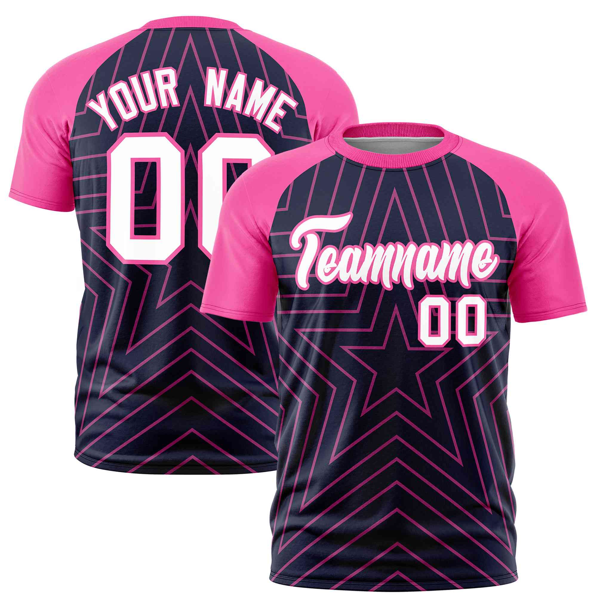 Custom Navy Pink Personalized Star Pattern Raglan Sleeves Performance T-Shirt