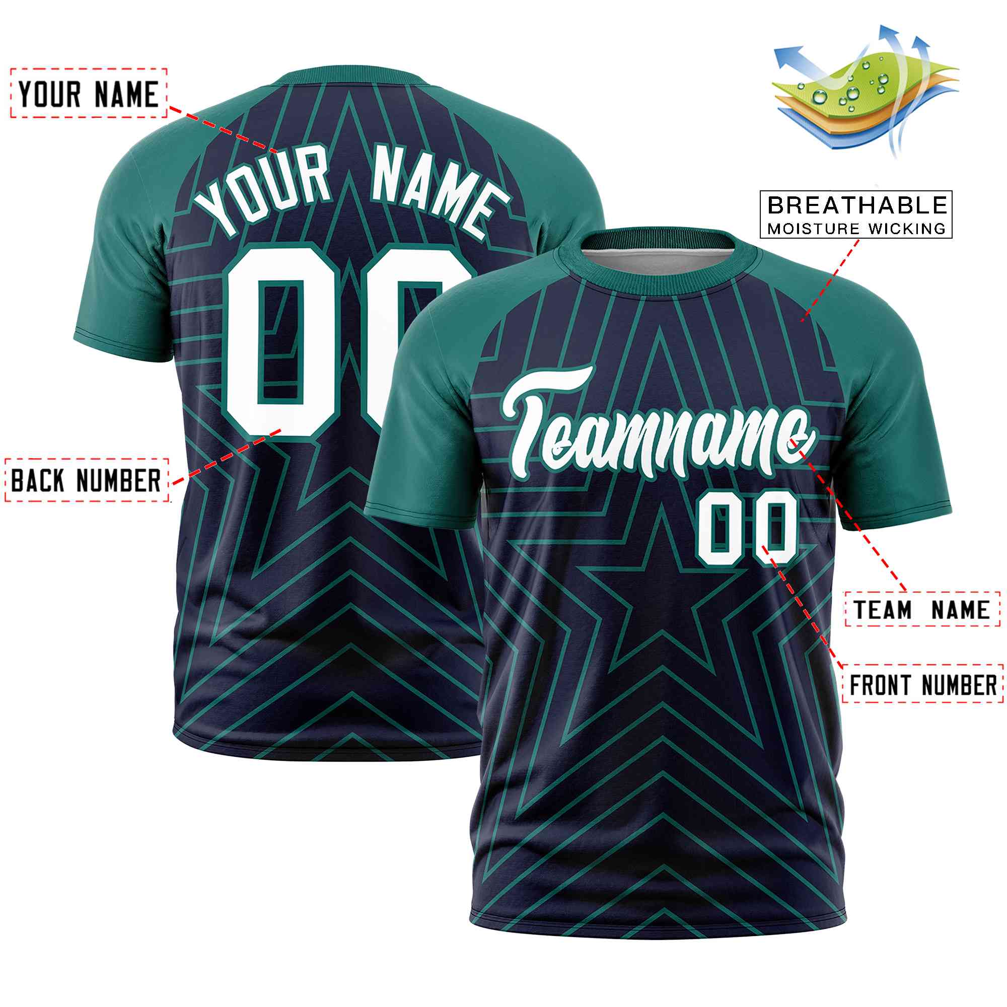 Custom Navy Aqua Personalized Star Pattern Raglan Sleeves Performance T-Shirt