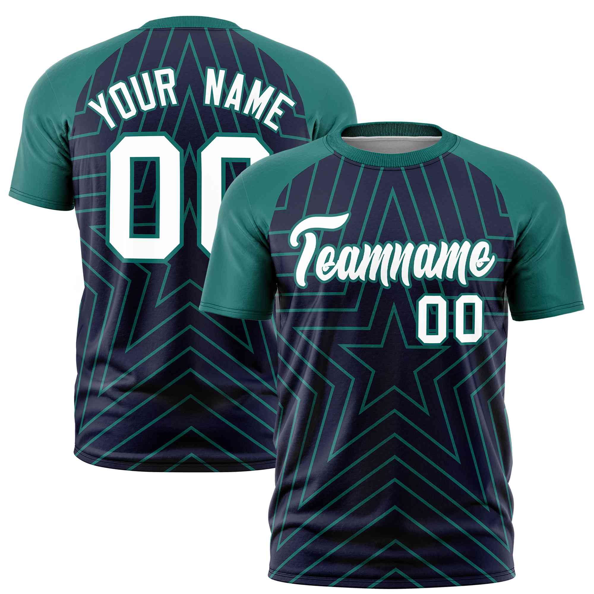 Custom Navy Aqua Personalized Star Pattern Raglan Sleeves Performance T-Shirt