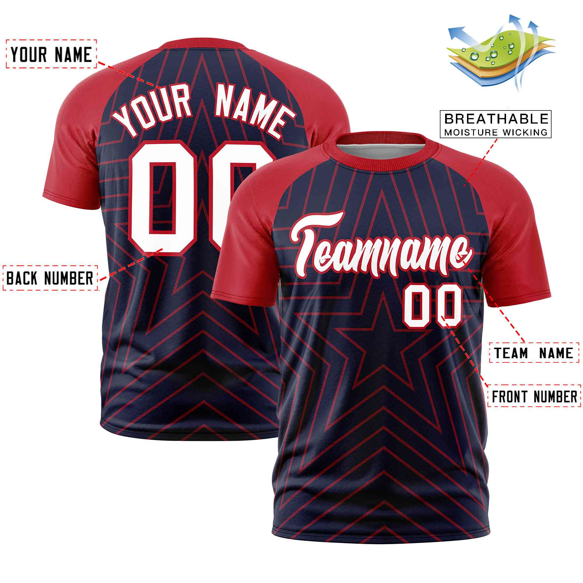 Custom Navy Red Personalized Star Pattern Raglan Sleeves Performance T-Shirt