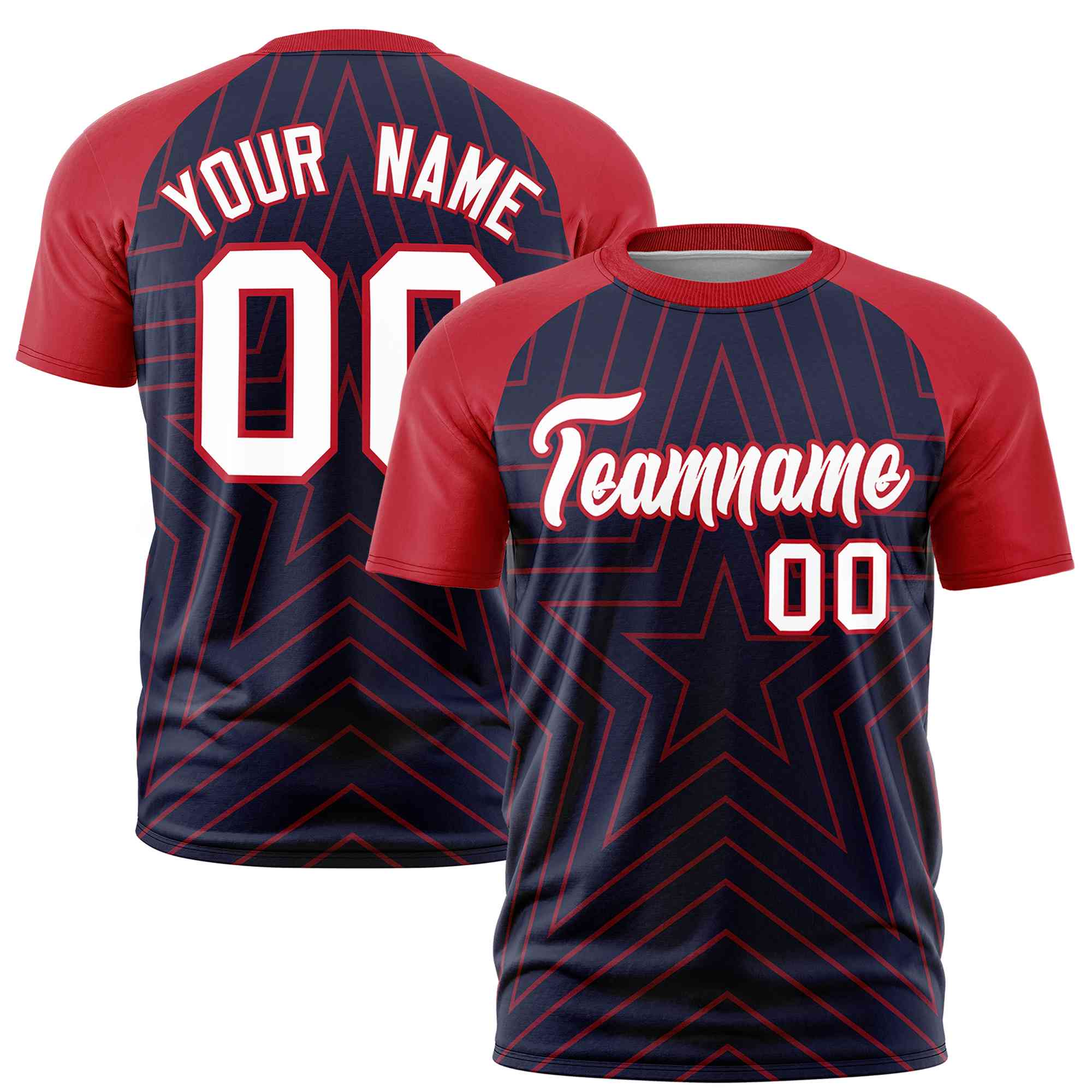 Custom Navy Red Personalized Star Pattern Raglan Sleeves Performance T-Shirt