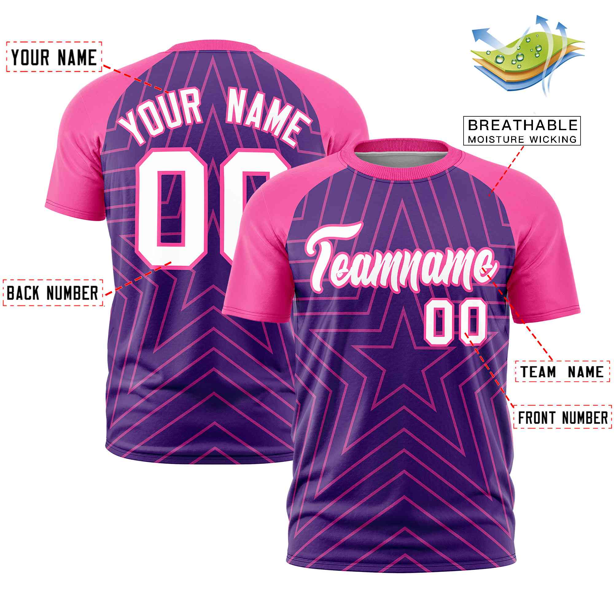 Custom Purple Pink Personalized Star Pattern Raglan Sleeves Performance T-Shirt