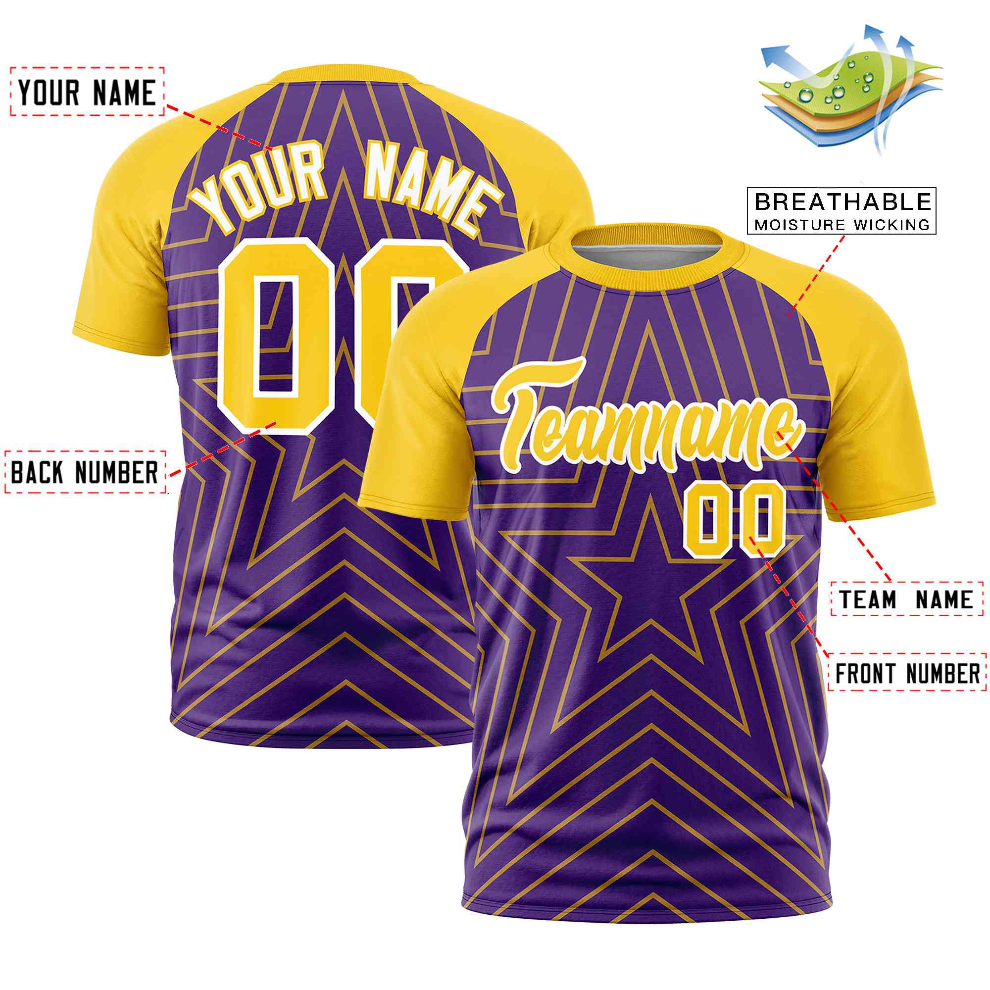 Custom Purple Gold Personalized Star Pattern Raglan Sleeves Performance T-Shirt