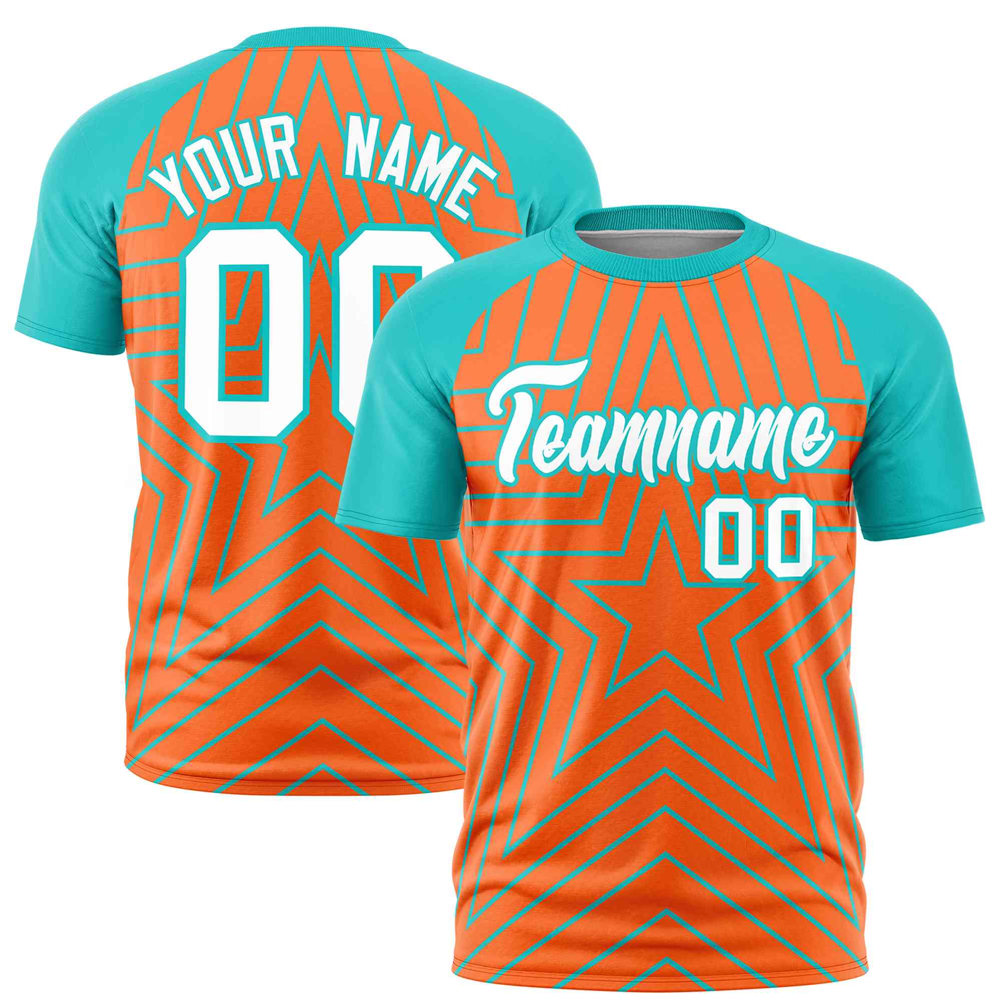 Custom Orange Aqua Personalized Star Pattern Raglan Sleeves Performance T-Shirt