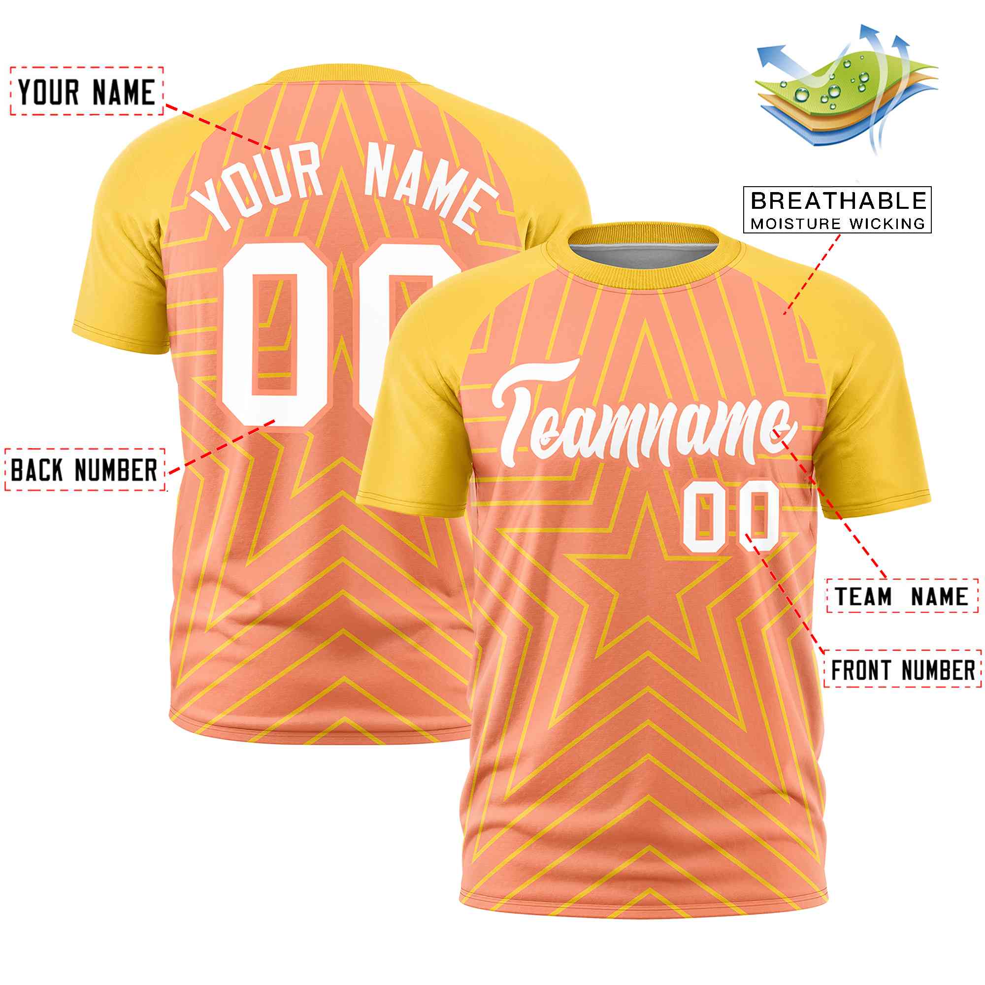 Custom Light Orange Gold Personalized Star Pattern Raglan Sleeves Performance T-Shirt