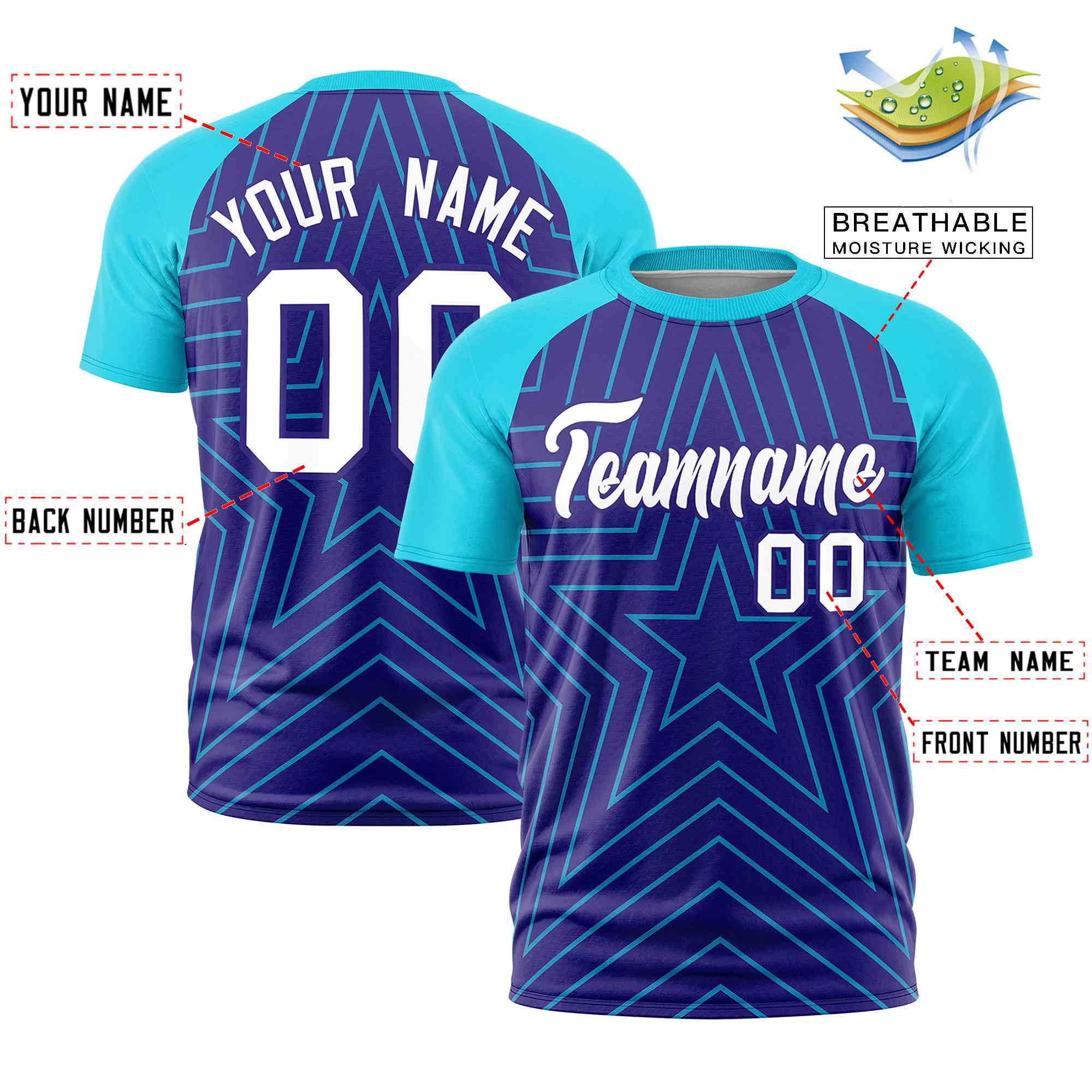 Custom Violet Sky Blue Personalized Star Pattern Raglan Sleeves Performance T-Shirt