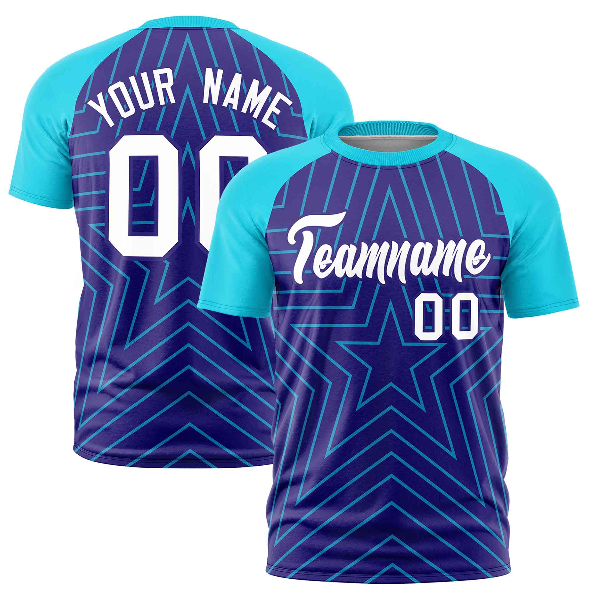 Custom Violet Sky Blue Personalized Star Pattern Raglan Sleeves Performance T-Shirt