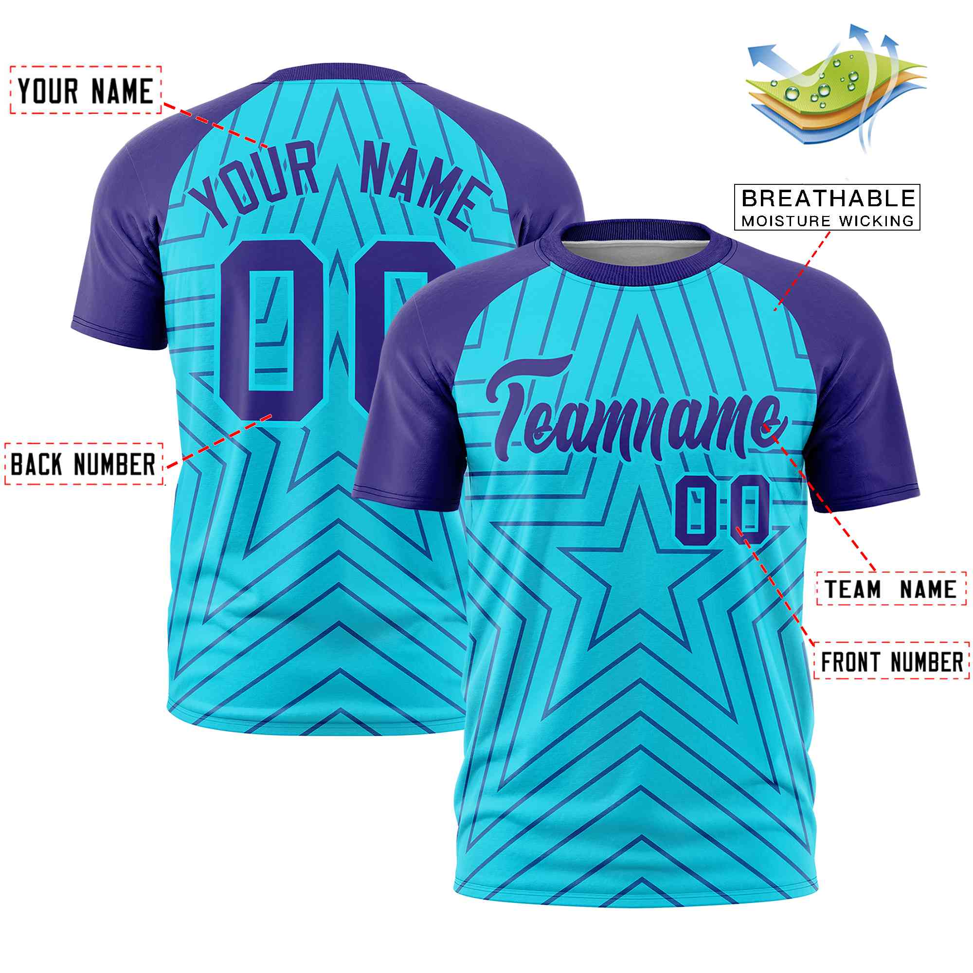 Custom Sky Blue Violet Personalized Star Pattern Raglan Sleeves Performance T-Shirt