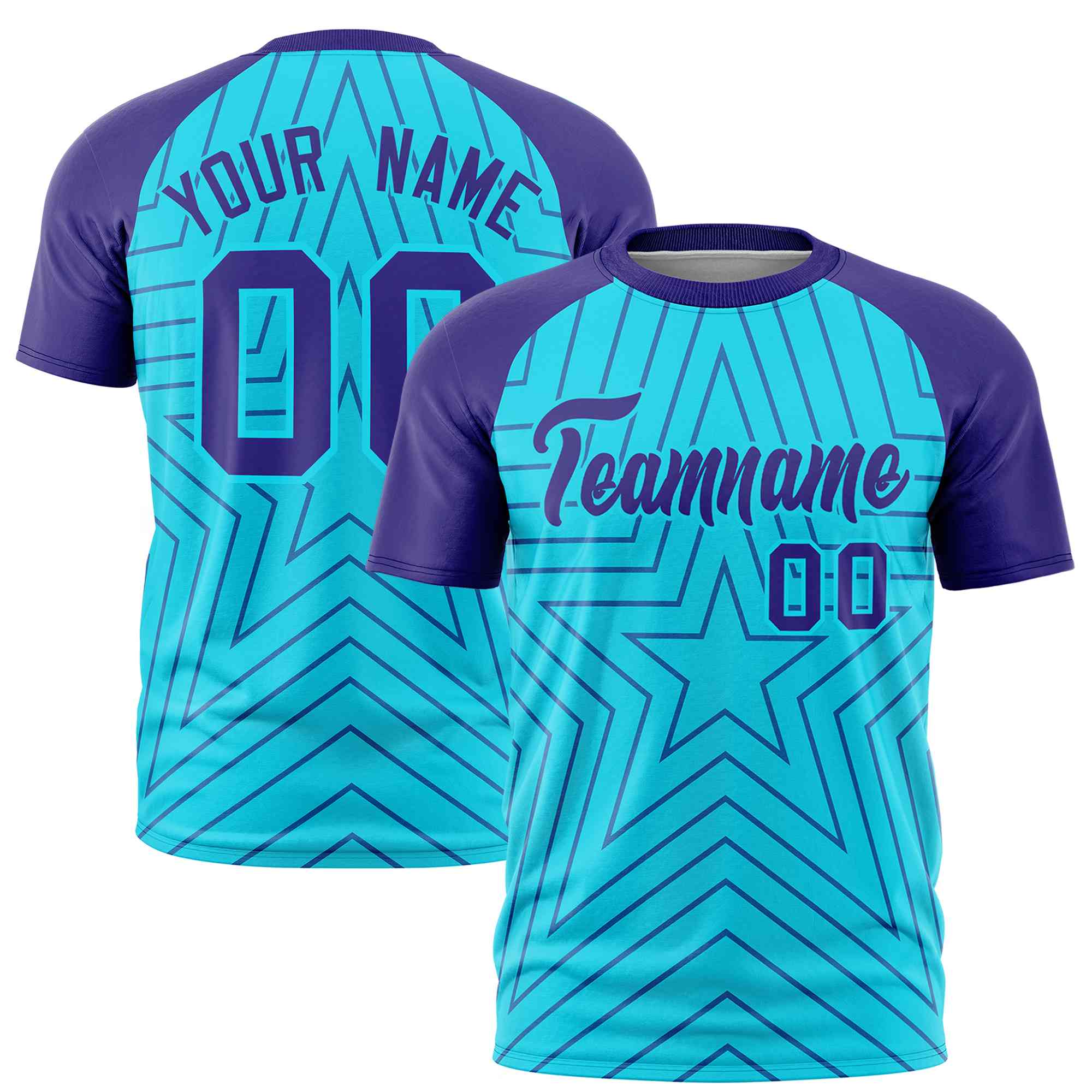 Custom Sky Blue Violet Personalized Star Pattern Raglan Sleeves Performance T-Shirt